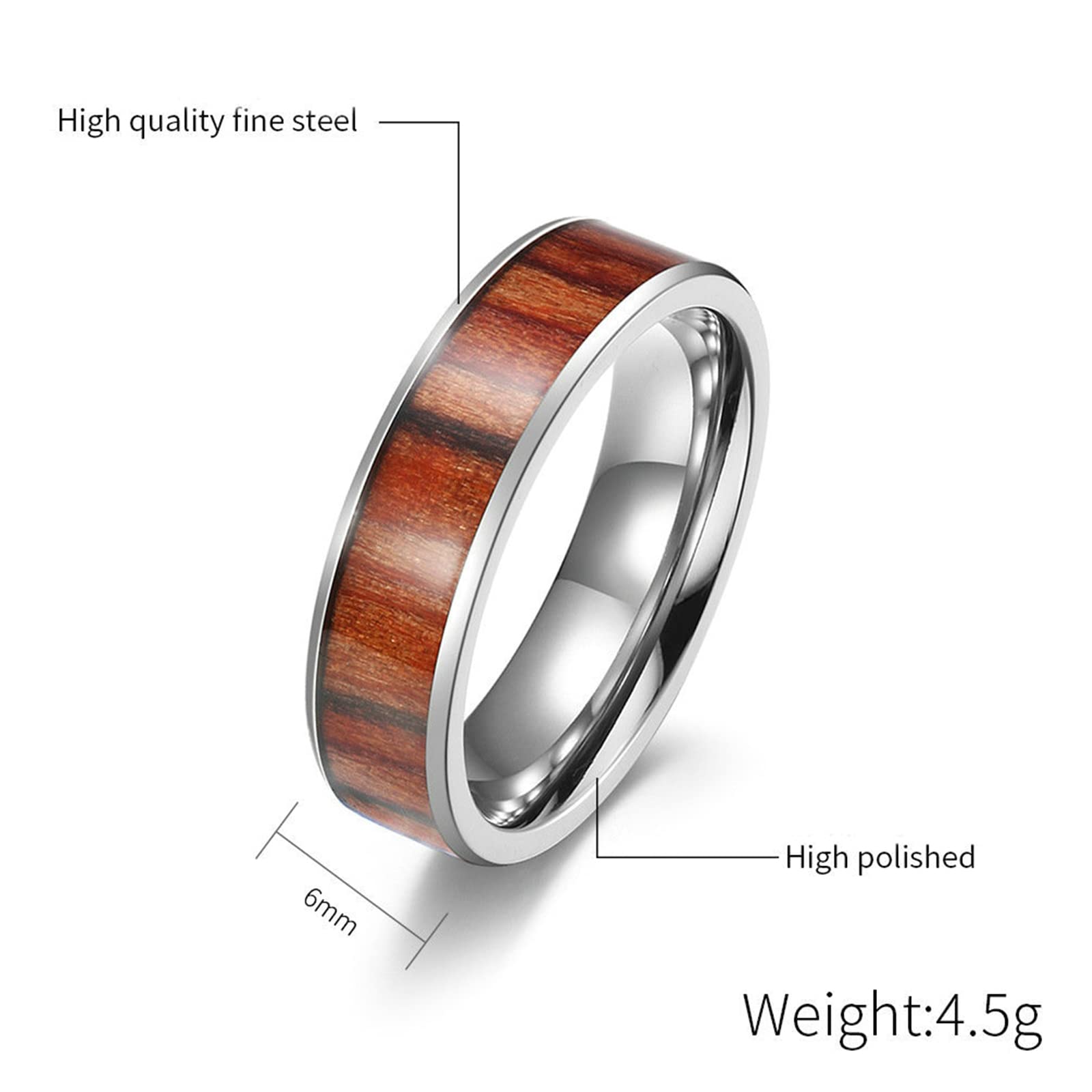 Bishilin Men's Engagement Ring - Stainless Steel Wedding Band with Wood Inlay (4-8MM Width) - Durable Silver Ring for Him - Perfect for Proposals, Anniversaries & Everyday Wear