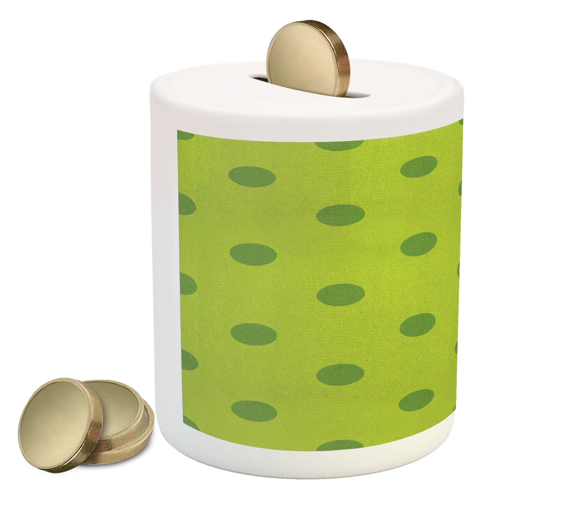 Lunarable Polka Dot Piggy Bank - Printed Ceramic Coin Bank with Spring Nature Colors Diagonal Spots Pattern for Cash Saving (Apple Green & Fern Green) | Perfect for Kids' Savings, Birthday Gifts & Home Decor
