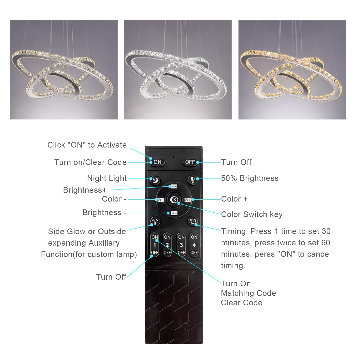 SEFINN FOUR 3-Ring LED Dimmable Crystal Chandelier with Remote Control - Adjustable Color Temperature Modern Silver Ceiling Light (27.56 Inch Diameter) - Perfect for Dining Room, Bedroom, Living Room & Foyer Lighting