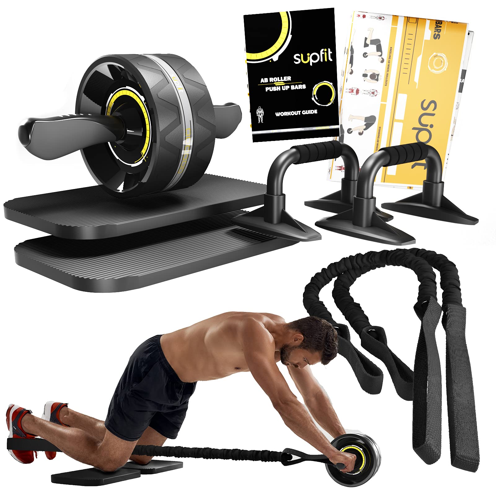 SUPFIT 6-in-1 Ab Roller Wheel Kit with Knee Pads, Push-Up Bars & Resistance Bands - Includes Workout Poster & Guide - Home Gym Equipment for Core & Abdominal Workouts - Perfect for Men & Women Fitness Training at Home or Office
