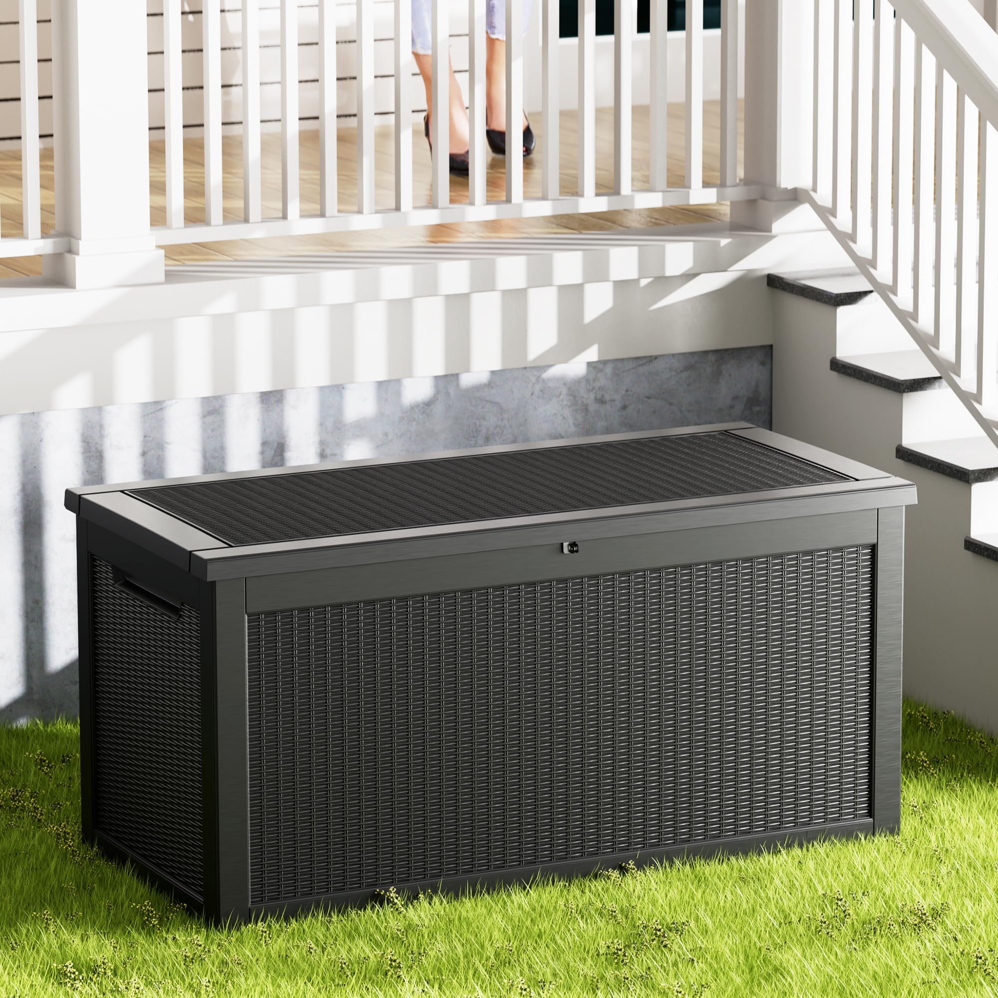 260 Gallon Lockable Resin Deck Box - Waterproof & UV-Resistant Outdoor Storage Container for Patio Cushions, Pool Toys, and Garden Tools | Durable Black Deck Box for Backyard, Poolside & Porch Organization