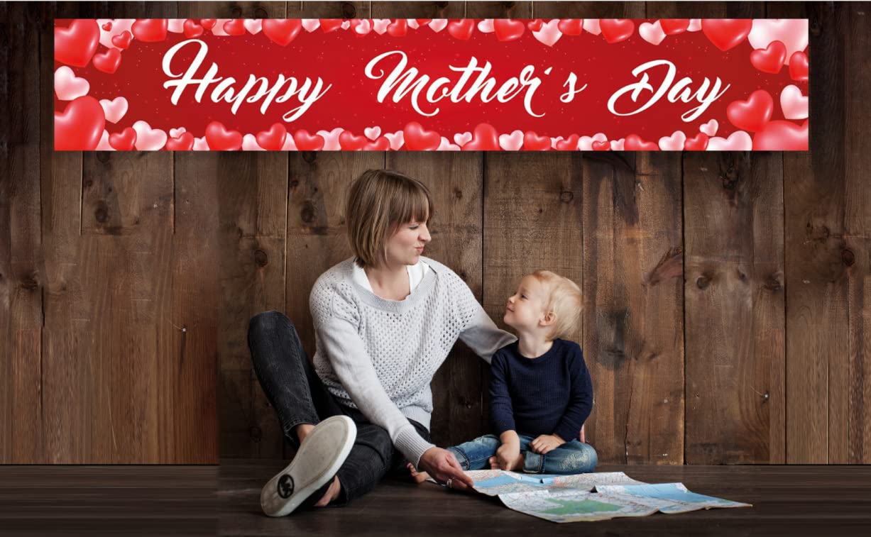 Large Happy Mother's Day Banner - Red Heart Decor for Mother's Day Party & Celebration - Perfect for Home, Office, and Event Decorations