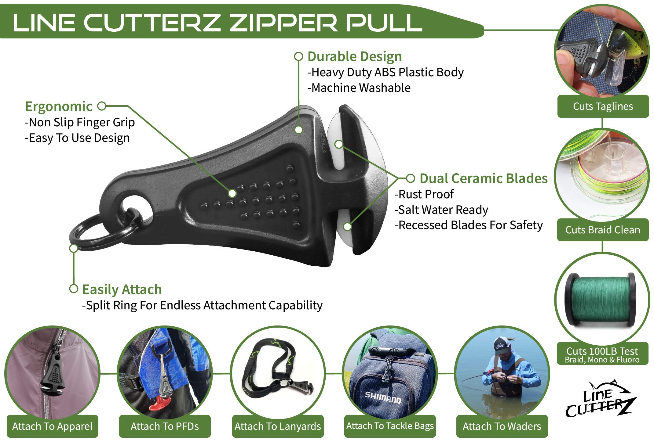 LINE CUTTERZ Patented Ceramic Blade Zipper Pull - Quick Braided Fishing Line Cutter Tool for Saltwater & Freshwater Fishing - Essential Fishing Gear Accessory for Anglers - Perfect for Boat, Kayak and Shore Fishing