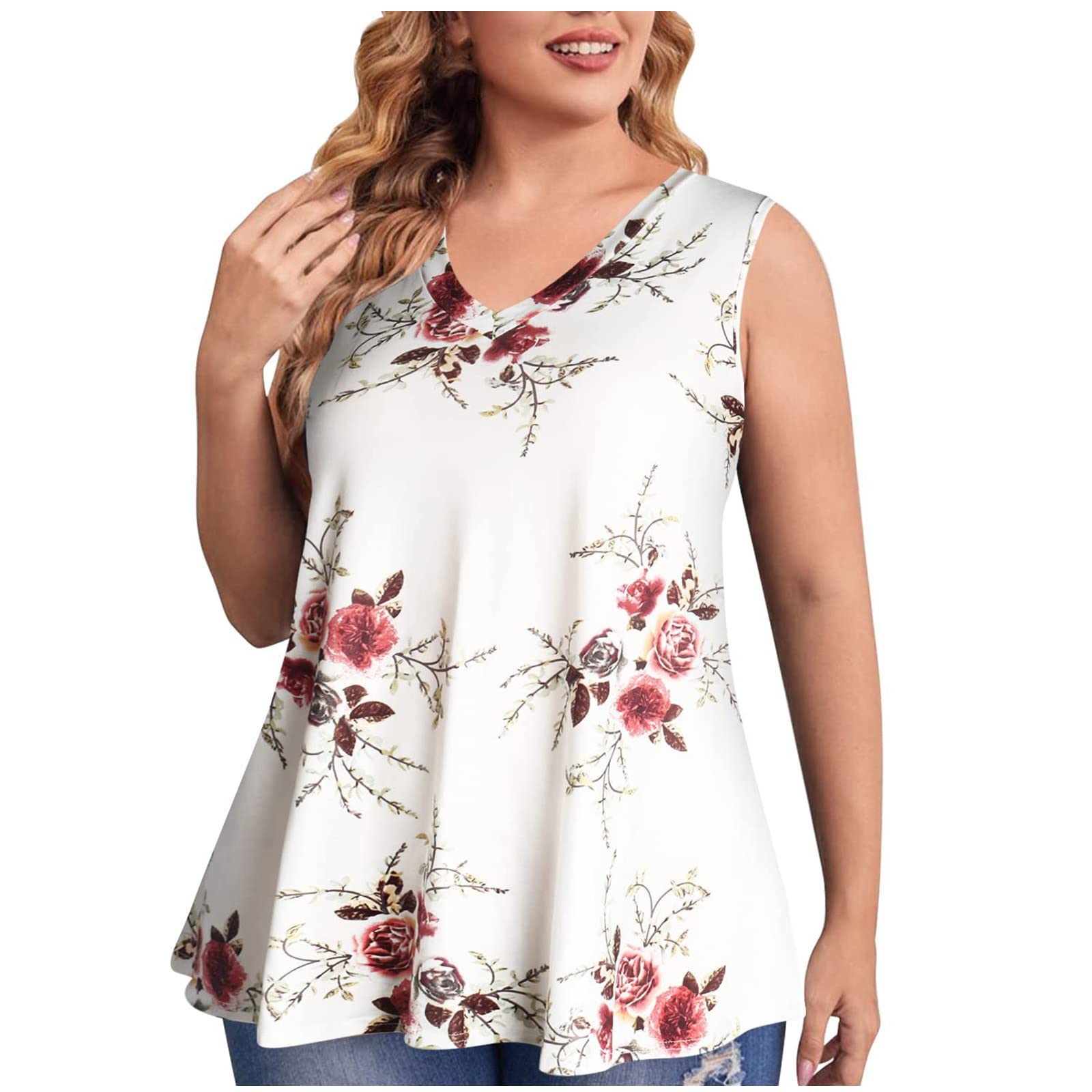 Women's Plus Size Summer V-Neck Tank Tops - Sleeveless Casual Tunic Shirts - Loose Fit Comfortable T-Shirts for Beach, Vacation & Everyday Wear