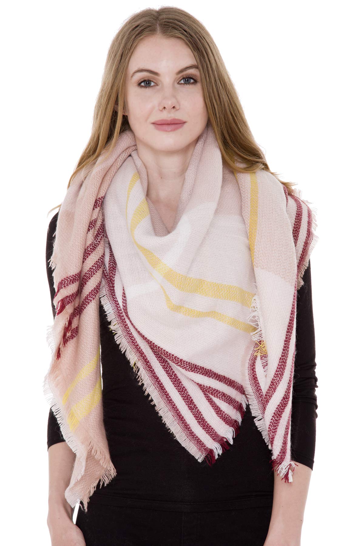Women's Winter Fashion Warm Shawls & Wraps - Oversized Plaid Blanket Scarf with Stripe Edge - Cozy Wrap for Cold Weather, Outdoor Activities & Holiday Gifts