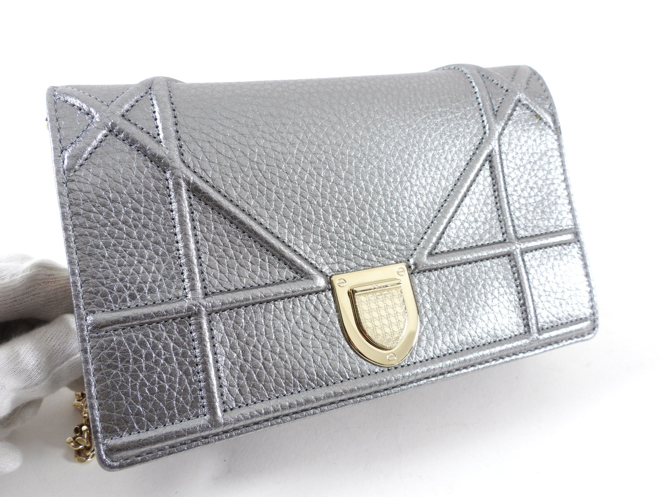 Diorama Metallic Grey Silver Calf Leather Crossbody Wallet on Chain Bag - Perfect for Evening Parties, Date Nights & Special Occasions