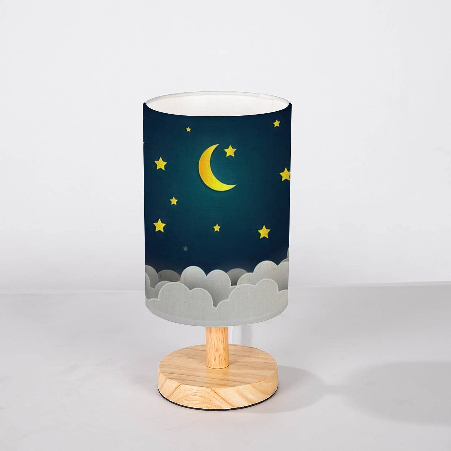 Minimalist Nightstand Lamp - Half Moon & Stars Design in Midnight Paper Art Style, Solid Wood Base with Flaxen Fabric Shade - Perfect for Bedroom, Living Room, Nursery & Home Office Lighting