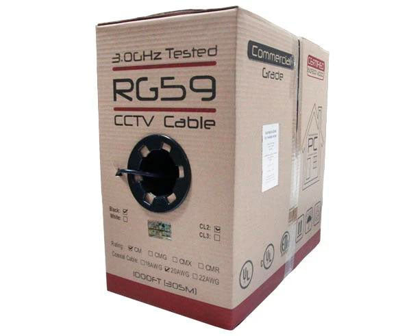1000ft RG59 Coaxial Cable for CCTV - 20 AWG Bare Copper Core with 95% CCA Braid Shielding (Black/White) - Ideal for Security Cameras, Surveillance Systems & TV Antennas