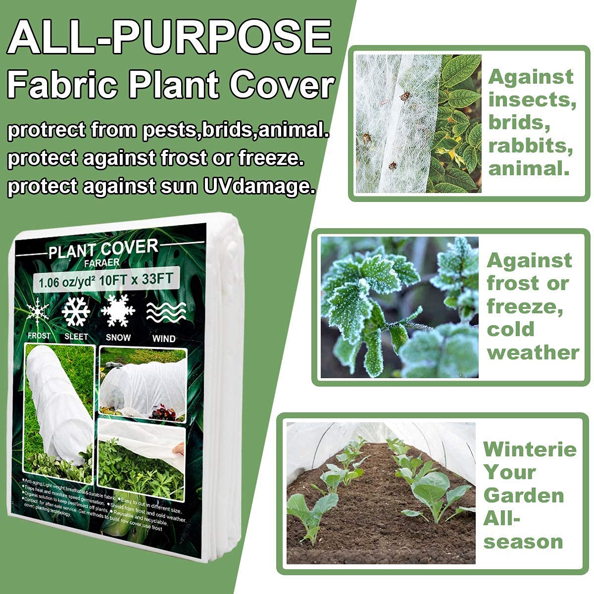 10ft×33ft Reusable Plant Cover for Freeze Protection - Rectangle Frost Blanket & Floating Row Cover for Winter Gardening, Cold Weather & Snow Protection | Ideal for Vegetables, Flowers & Shrubs