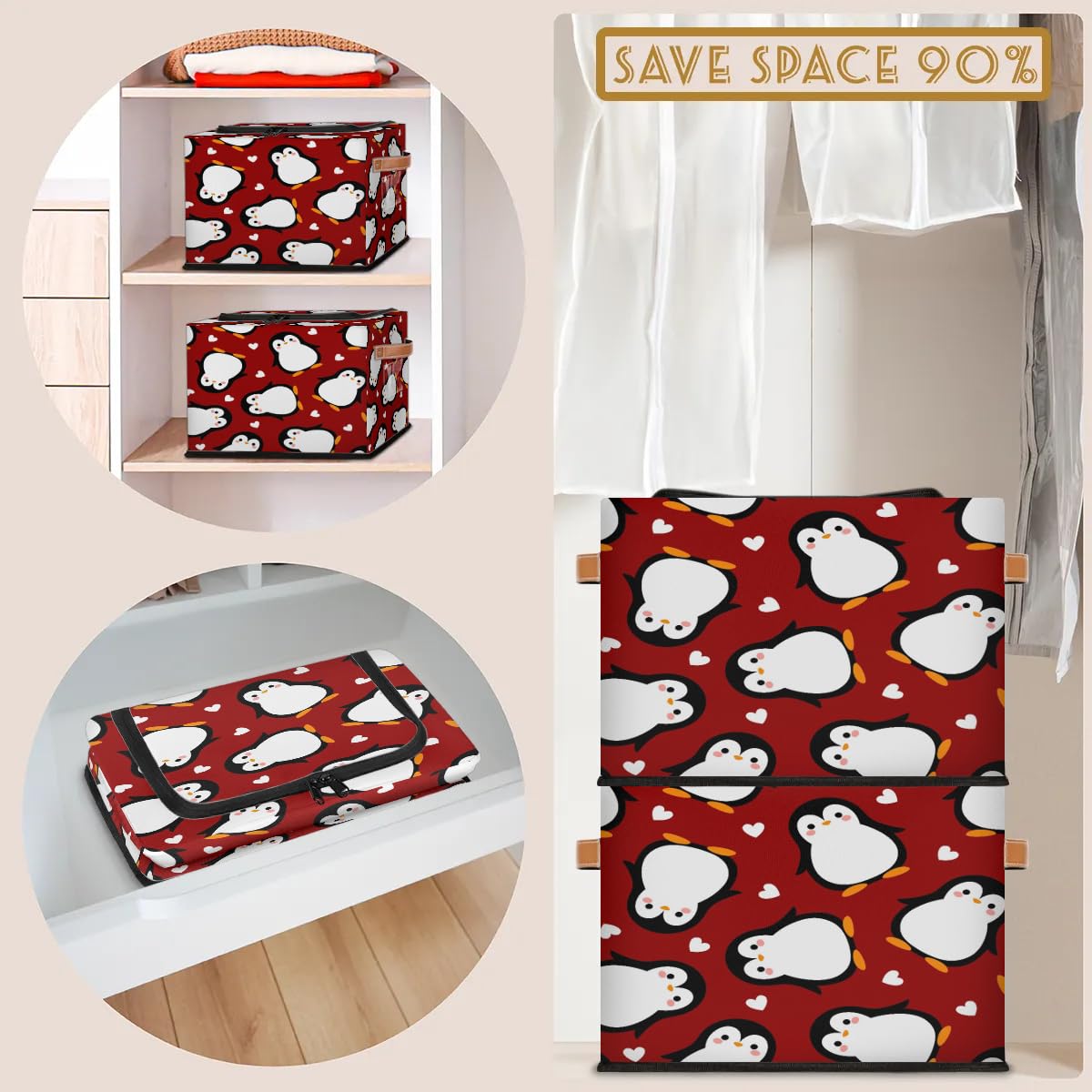 Cute Penguin Heart Cartoon Storage Bins with Zipper Lid - Foldable Fabric Storage Baskets for Clothes, Blankets & Toys - Collapsible Storage Box with Handles for Closet, Nursery & Home Organization