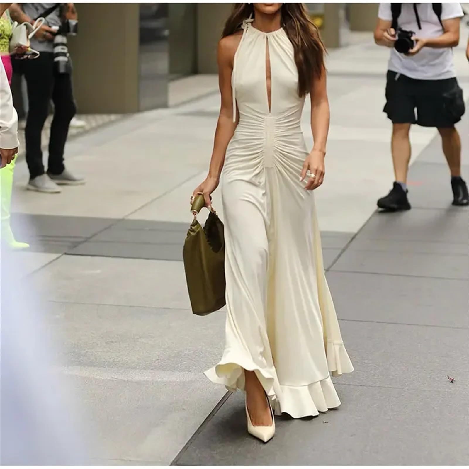Elegant Pleated Drawstring Slim Flounce Maxi Dress for Women - Sleeveless Ruffle Robe with Cut Out Design | Perfect for Spring Parties, Club Nights & Special Occasions