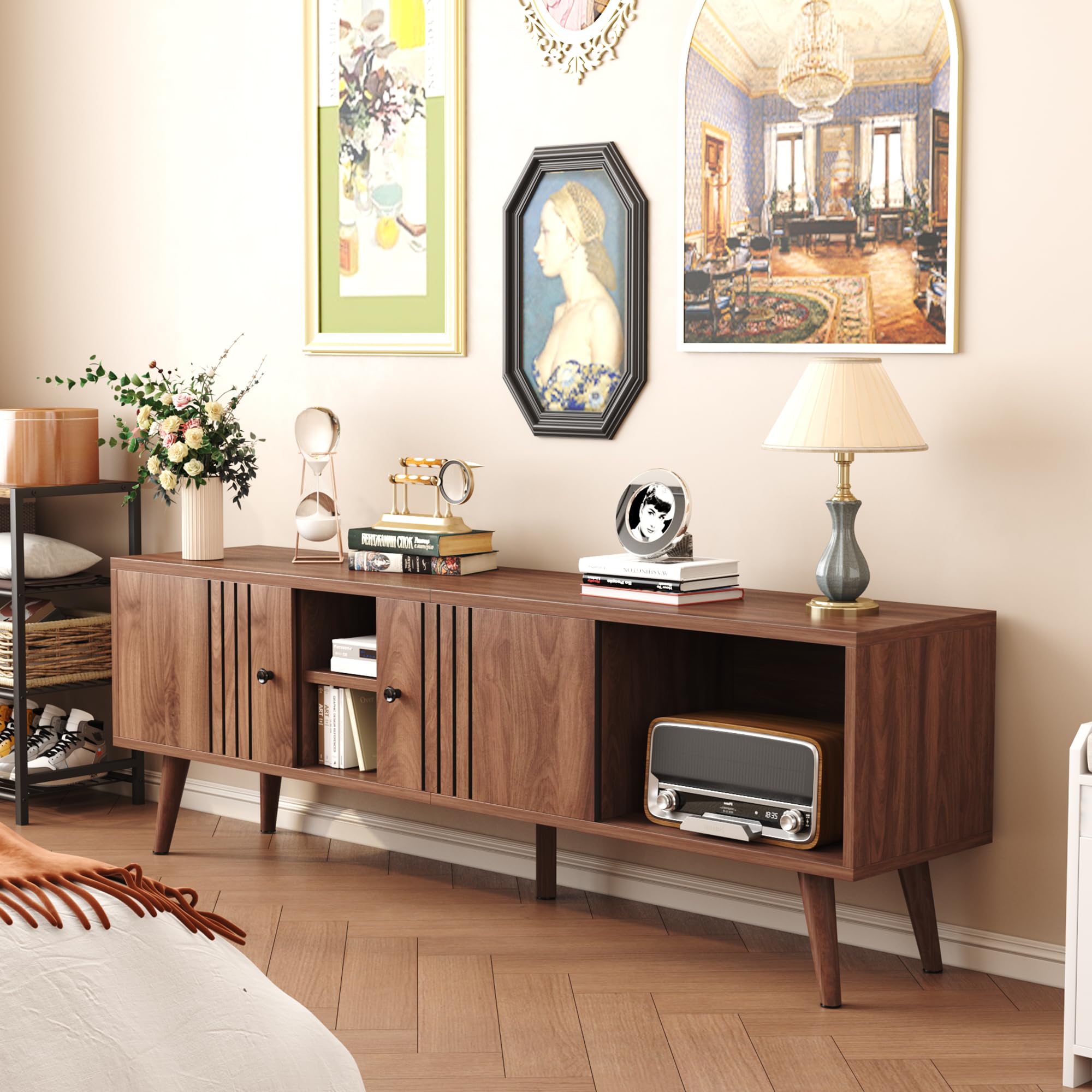 Mid-Century Modern TV Stand for 65/60/55 Inch TVs - Walnut Entertainment Center with Sliding Doors & Storage - Media Console Table for Living Room & Bedroom - Perfect for Home Theater Setup & Stylish Home Decor