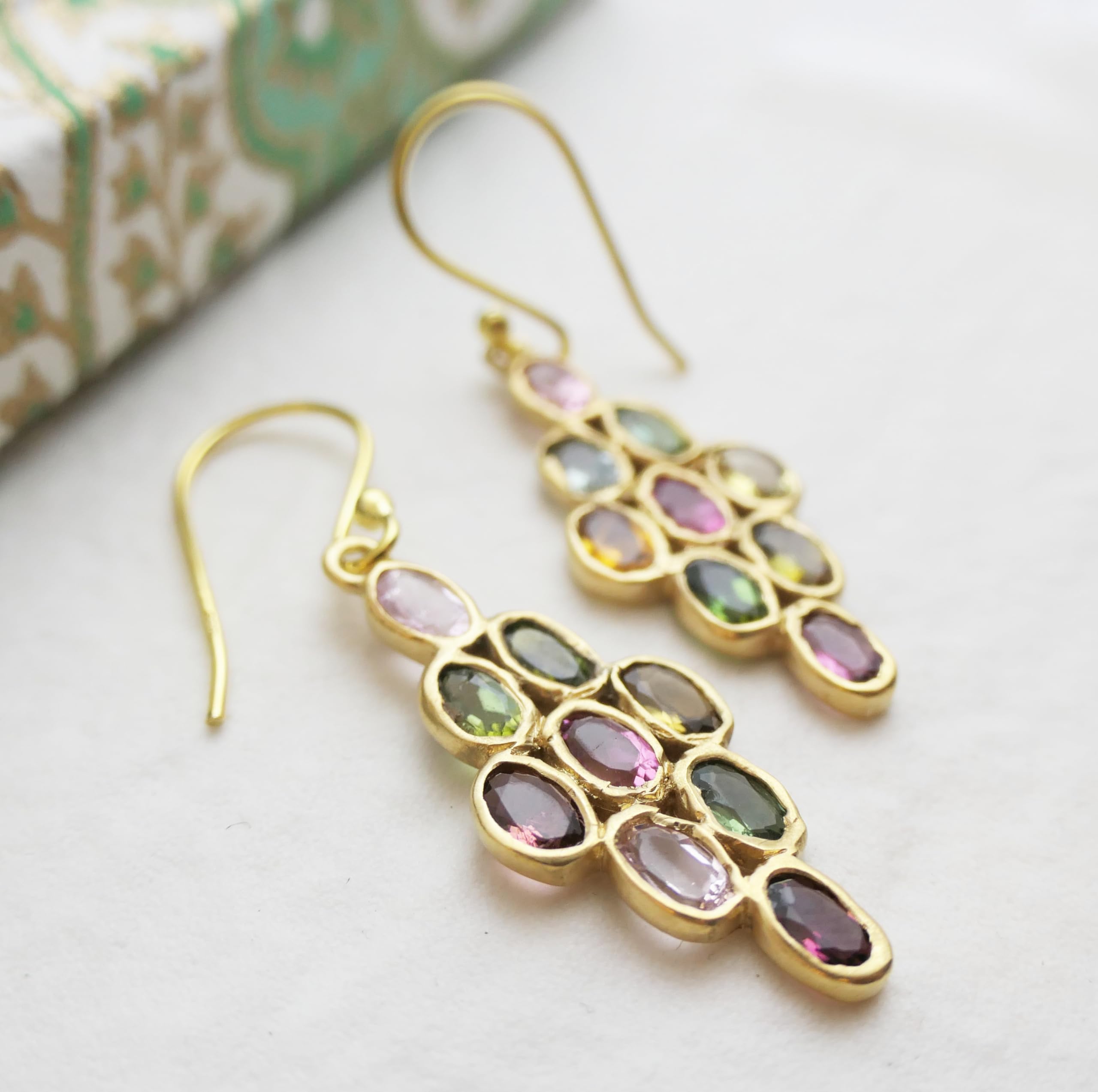Natural Multi-Colored Tourmaline Waterfall Chandelier Earrings - 14K Gold Plated Sterling Silver Drop Dangle Earrings - Handmade Gemstone Jewelry for Women - Perfect Gift for Mother's Day, Birthday & Wedding - Elegant Bridal Jewelry for Special Occasions