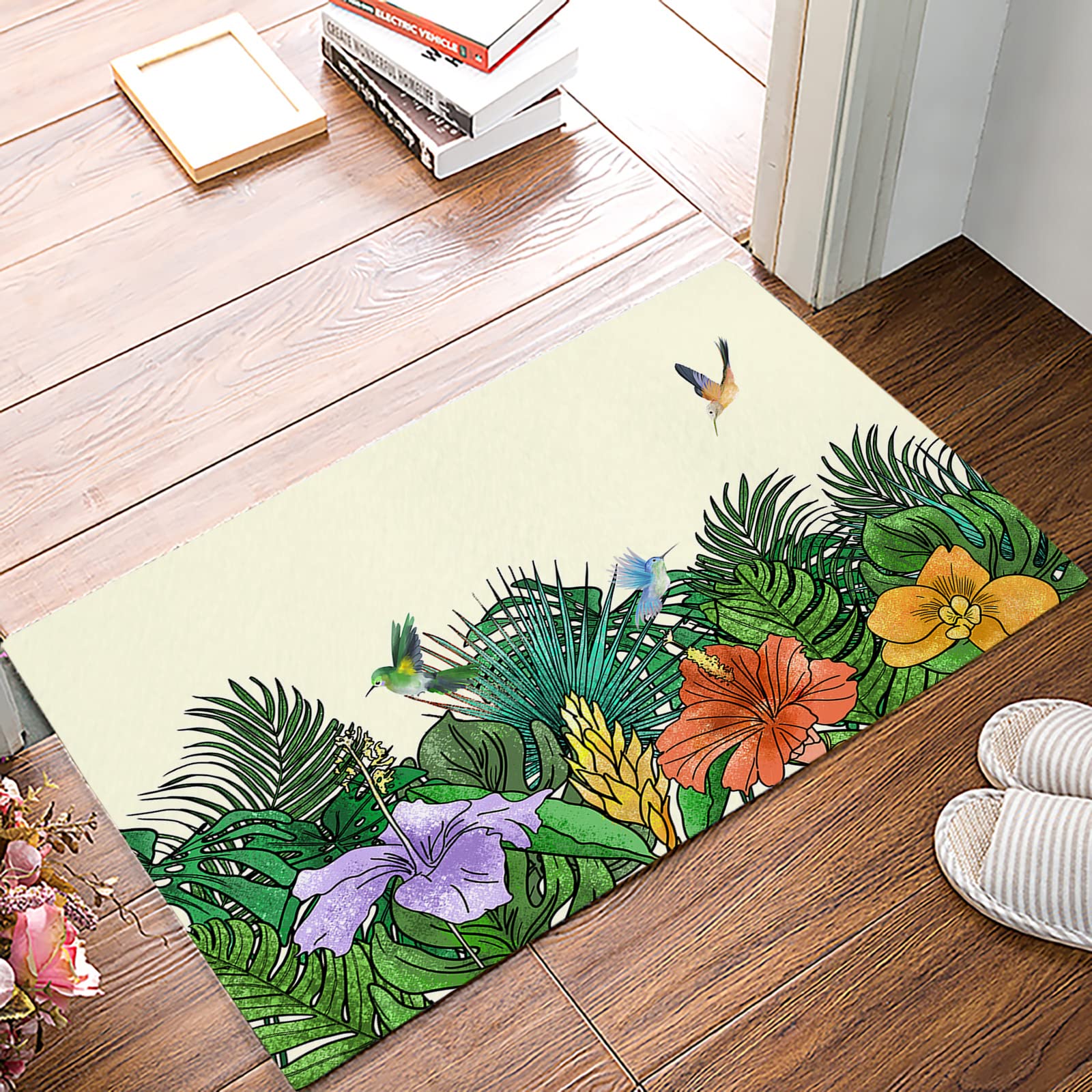 Non-Slip Tropical Palm Leaf Doormat - Absorbent Indoor/Outdoor Entrance Mat for Bathroom, Kitchen, Front Door - Washable Green Plant Design Floor Rug - Perfect for Beach House Decor, Patio, Poolside & Tropical Theme Interiors