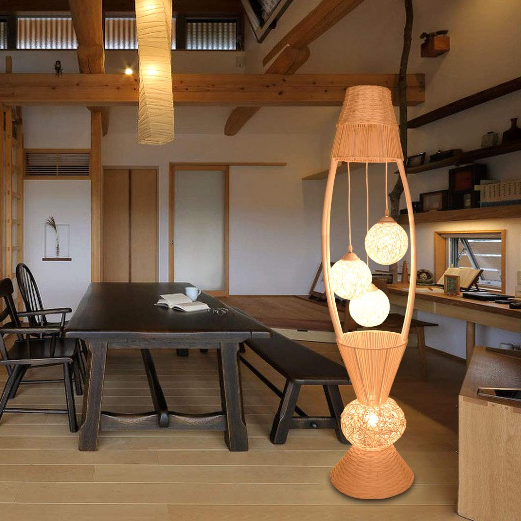 Bamboo Rattan Fish Floor Lamp - 4 Bulb Wooden Standing Light with Dangling Ball Shade, Asian Style Decorative Lighting for Living Room, Bedroom, Hotel & Restaurant | Perfect for Ambient Lighting, Home Decor & Zen Atmosphere