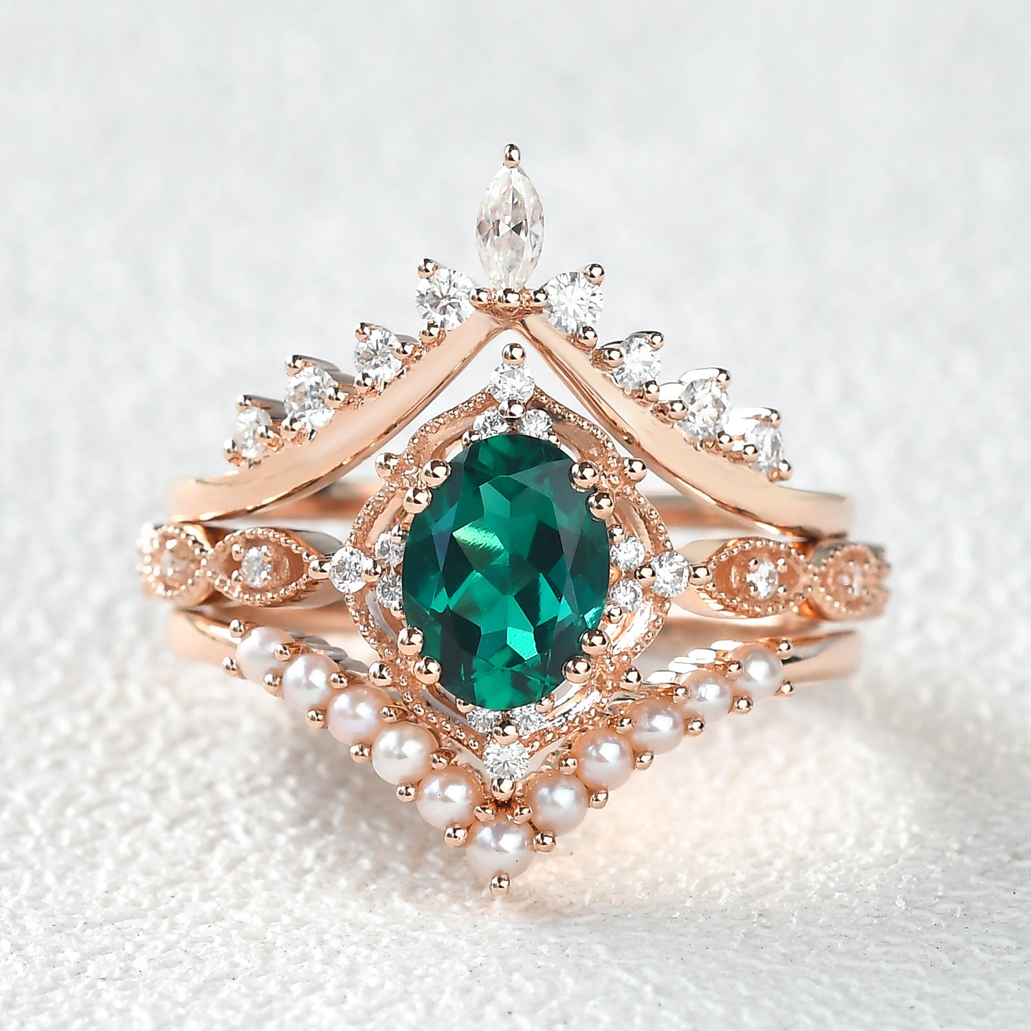 1.5 Carat Emerald Vintage Style Ring Set - 3 Piece Bridal Jewelry for Engagement, Wedding & Anniversary Gifts | Handcrafted Art Deco Inspired Jewelry Set