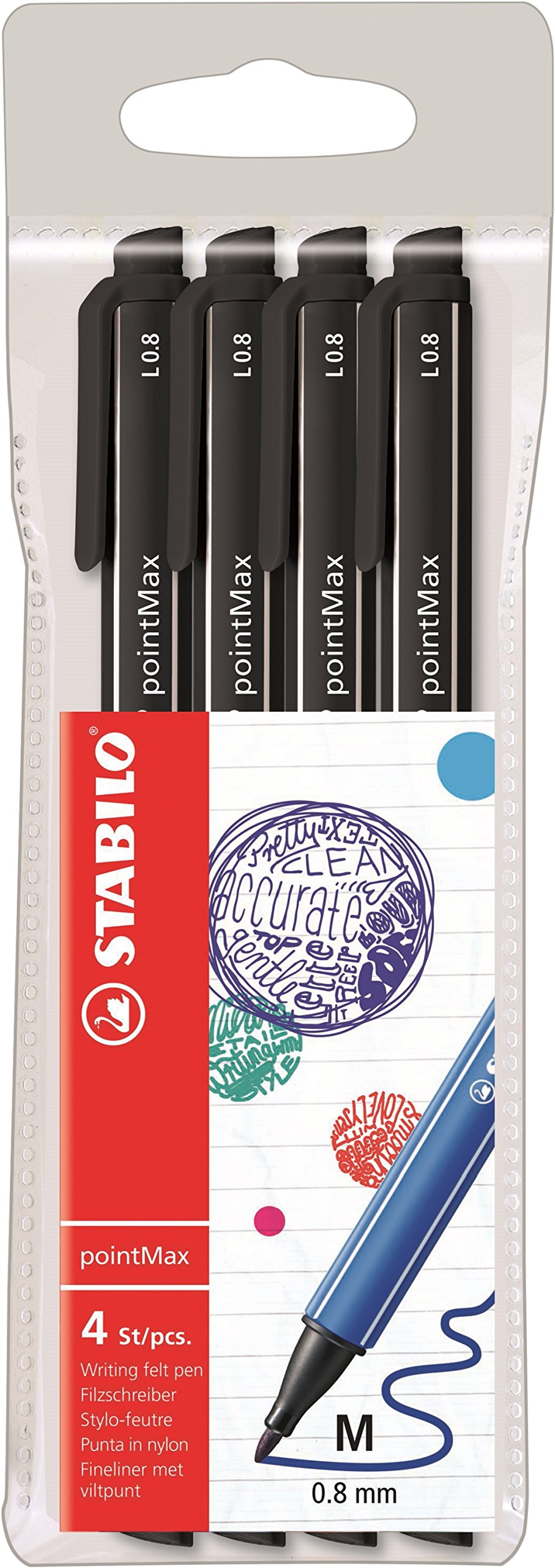 STABILO PointMax Nylon Fiber Tip Pens - 4 Pack, Medium Tip, Black - Ideal for Office, School, Note Taking & Art Projects