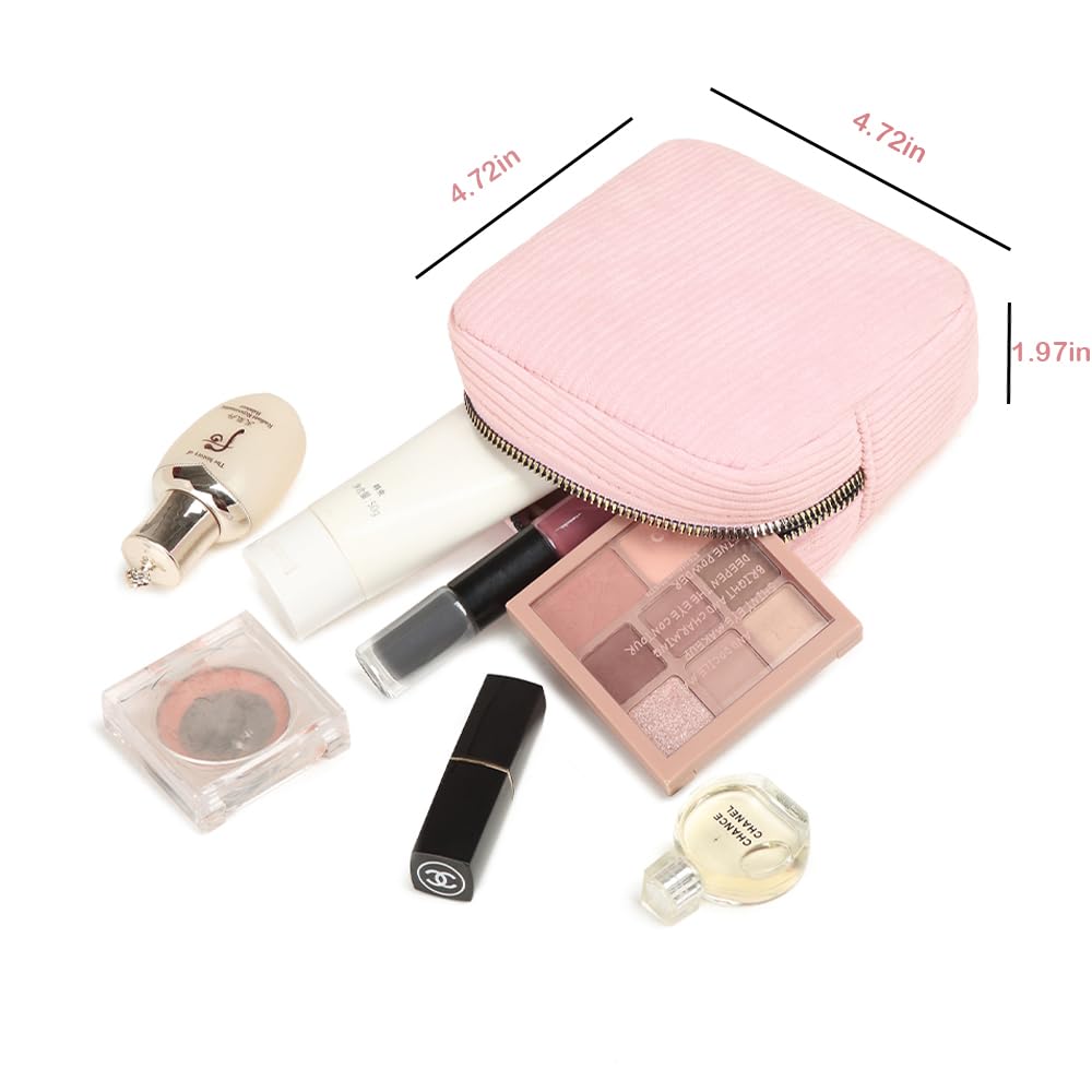 Mini Pink Corduroy Makeup Bag for Women - Cute Small Cosmetic Pouch, Travel Toiletry Bag & Purse Organizer - Perfect for Daily Use, Travel, Car & Gift Giving