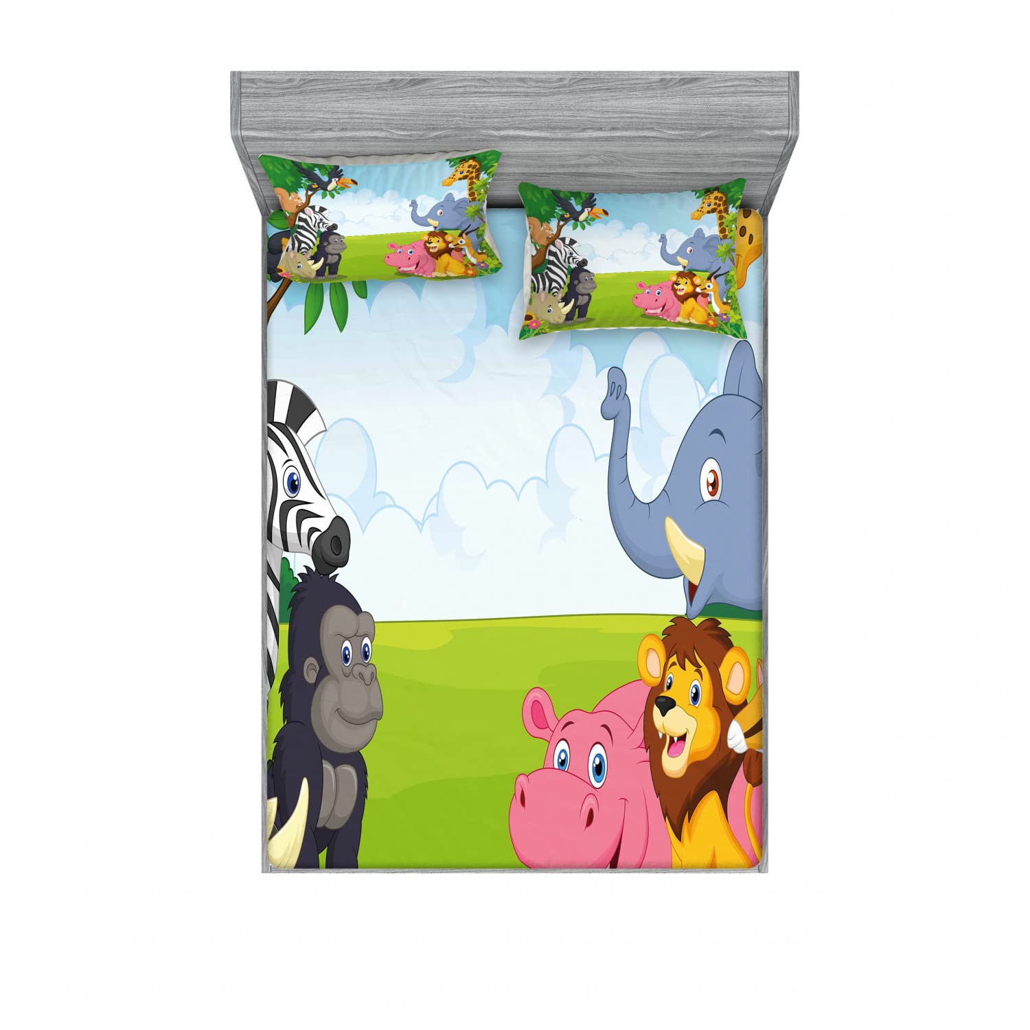 Ambesonne 2-Pack Queen Size Fitted Sheet & Pillow Sham Set - Savannah Animals Cartoon Print 4-Piece Bedding Set (2 Fitted Sheets + 4 Pillow Covers) | Vibrant Multicolor Jungle Theme | Perfect for Kids' Rooms, Guest Bedrooms & Wildlife-Themed Decor
