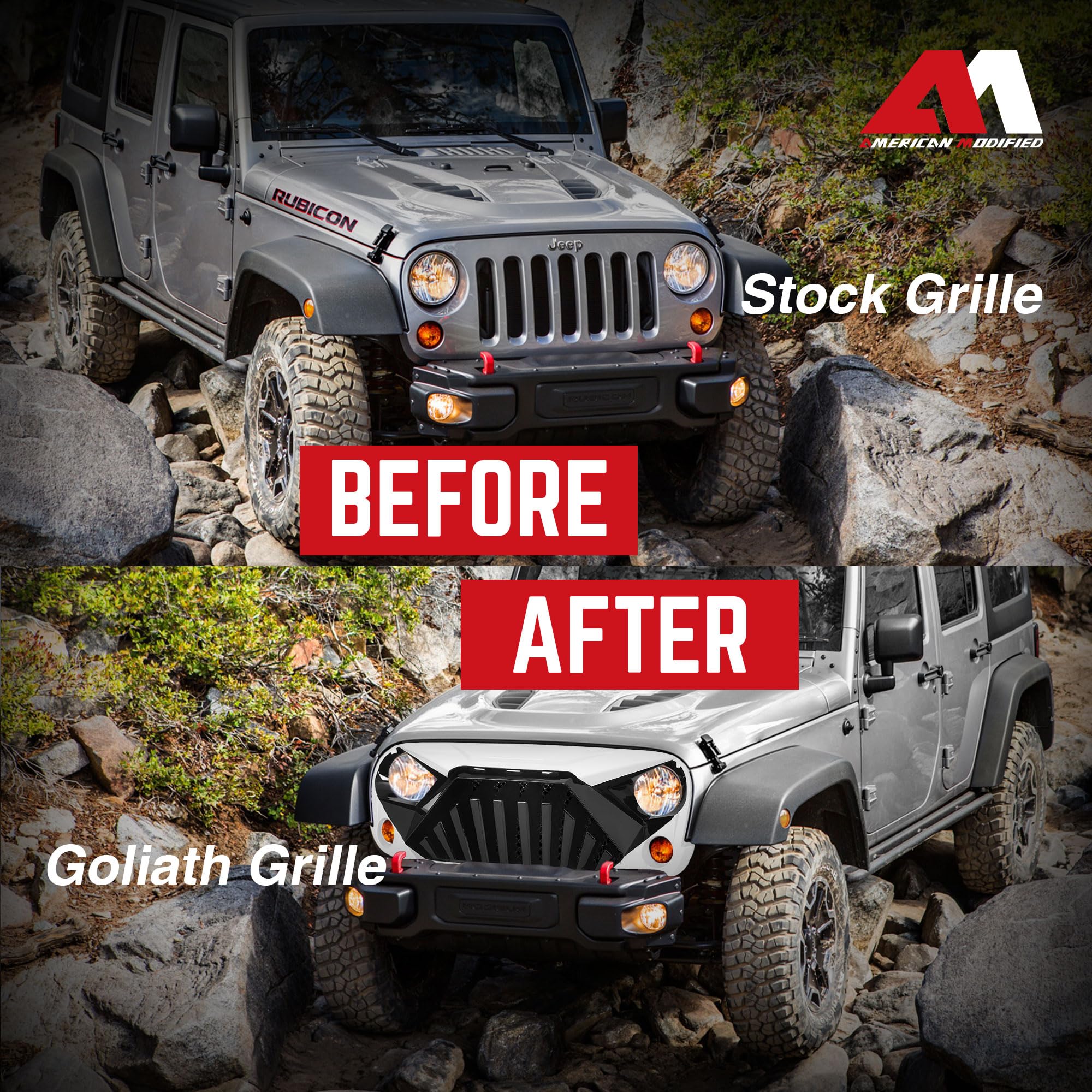AM Heavy Duty Aggressive Goliath Grille for 2007-2018 Jeep Wrangler JK with LED Amber Running Lights - White/Black | Off-Road Upgrade & Custom Styling for Jeep Enthusiasts