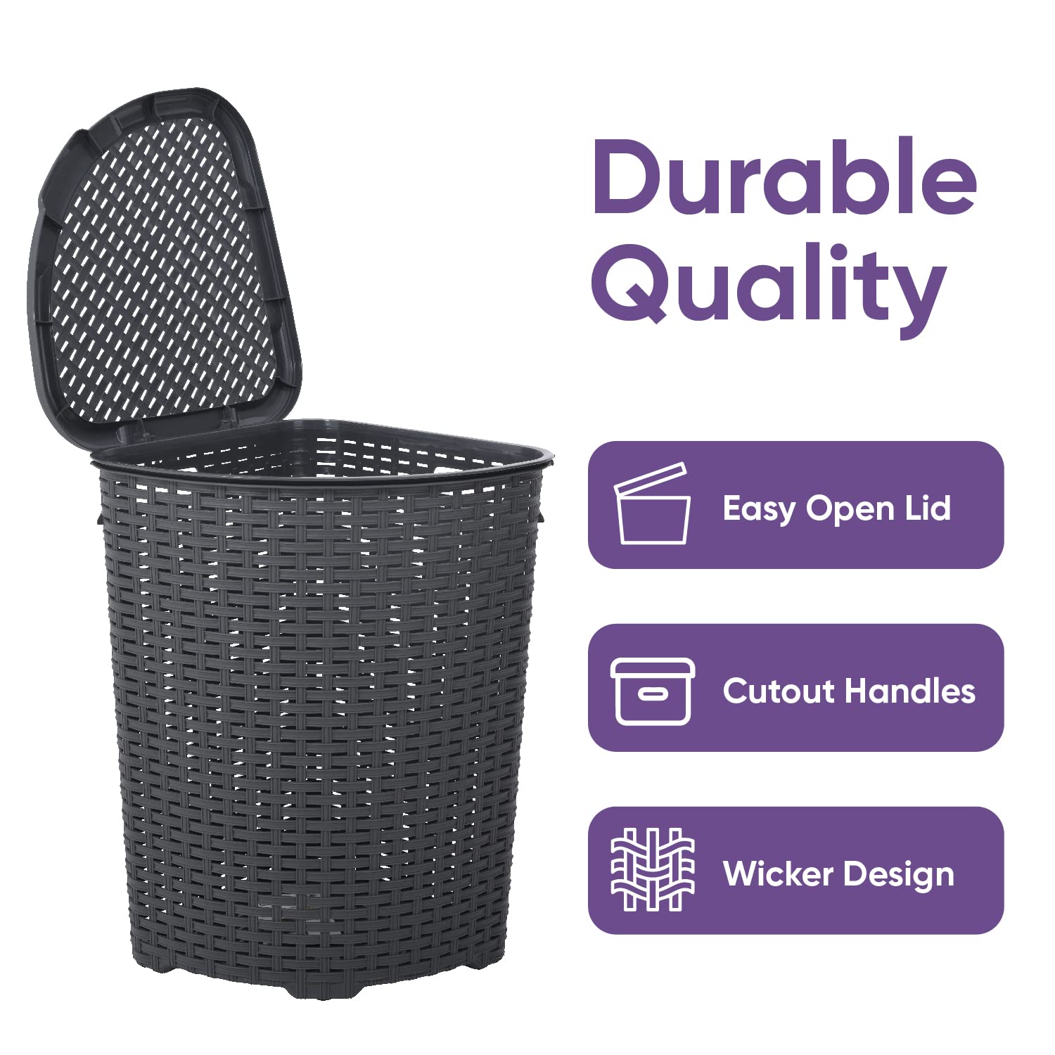 Premium 50L Grey Wicker Laundry Hamper with Lid - Durable & Lightweight Corner Basket with Handles - Curved Design for Bathroom, Closet or Door Storage - Perfect for Organizing Dirty Clothes in Small Spaces