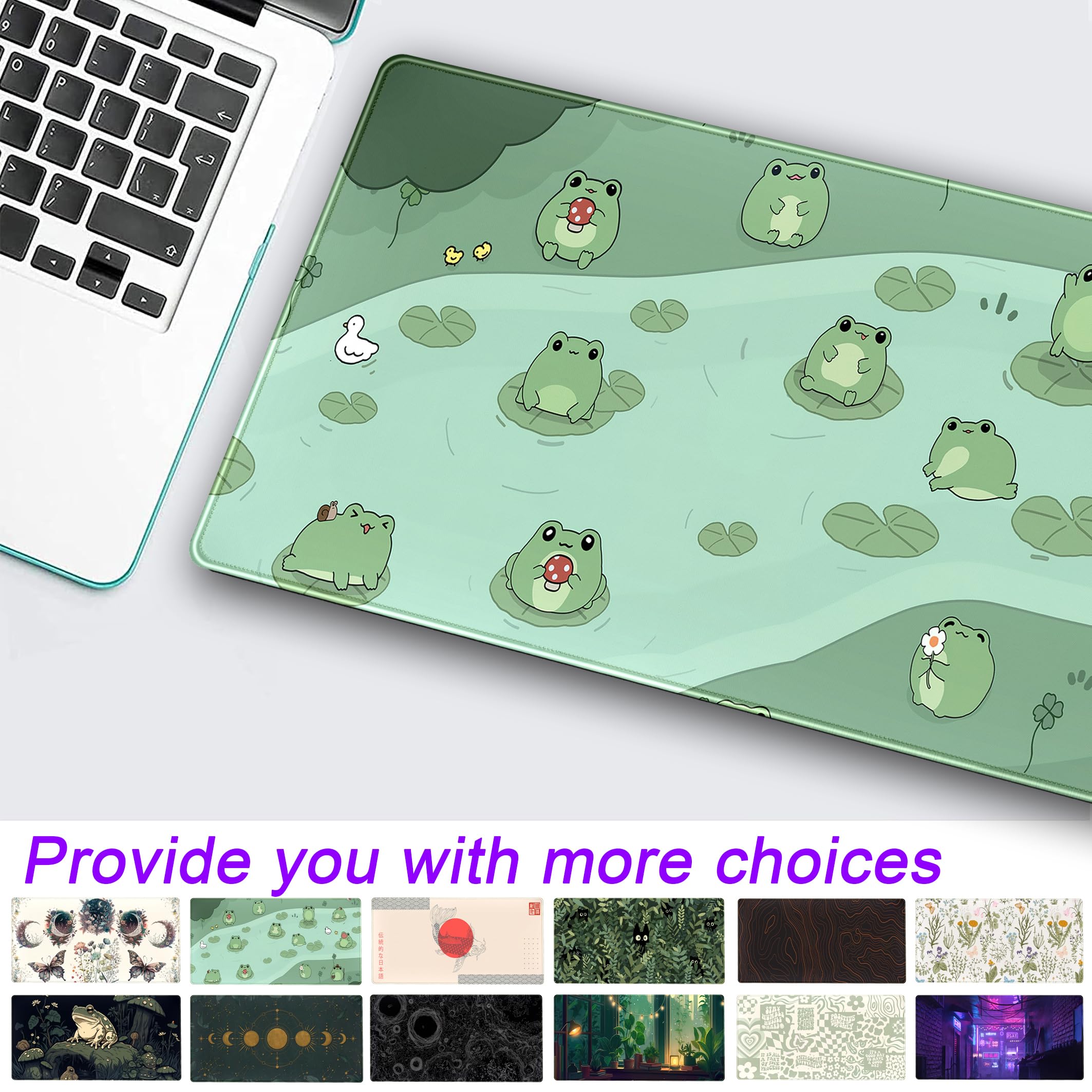 Cute Green Frog Desk Mat - XXL Large Extended Gaming Mouse Pad (31.5x15.75 in) - Japanese & Korean Aesthetic Keyboard Mat for Women, Girls Office & Gaming Setup - Perfect for Anime Lovers, PC Battlestations & Kawaii Workspace Decor