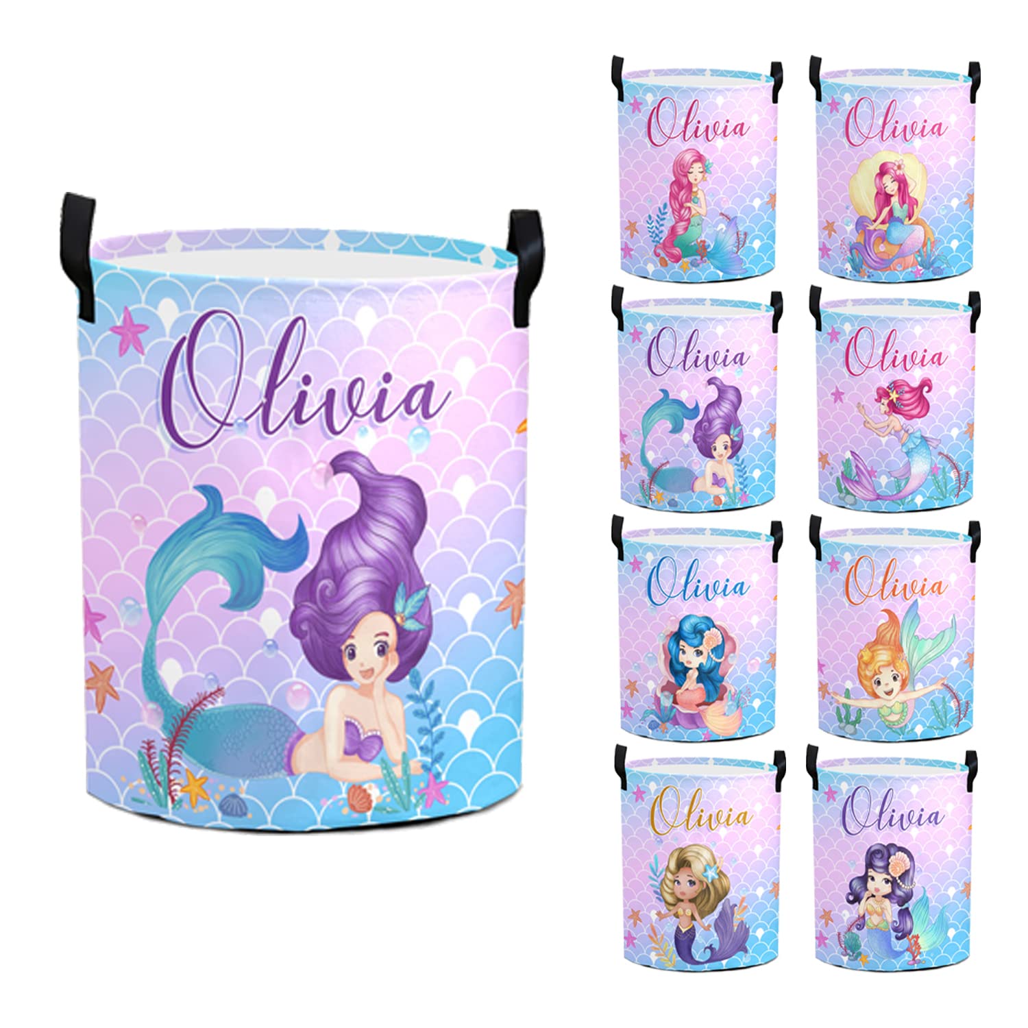 Personalized Mermaid Laundry Basket for Girls - Custom Name Kids Laundry Hamper with Handles - Perfect for Bedroom, Nursery, or Bathroom Organization (Style 01)