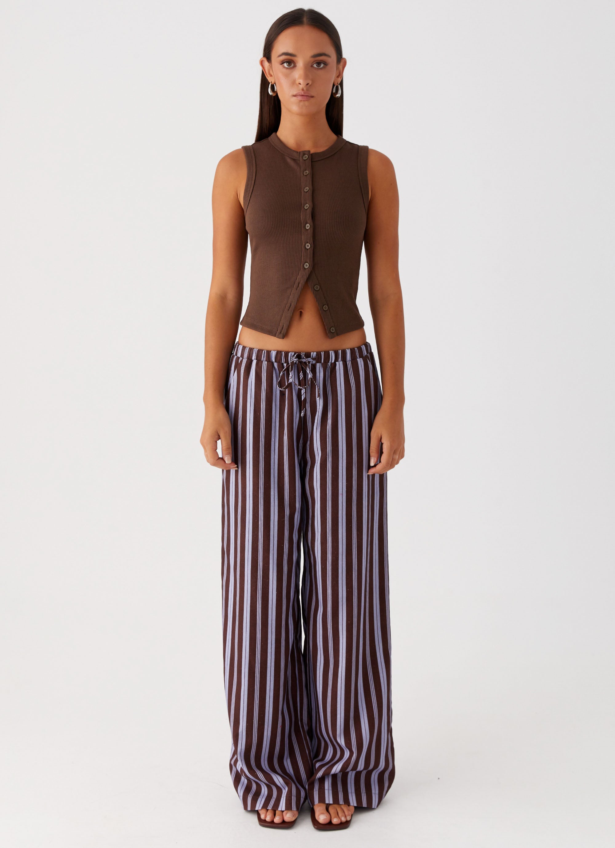 Fresh Face Linen Pants for Women - Soft & Breathable Purple Brown Striped Lounge Pants - Perfect for Yoga, Travel & Summer Comfort