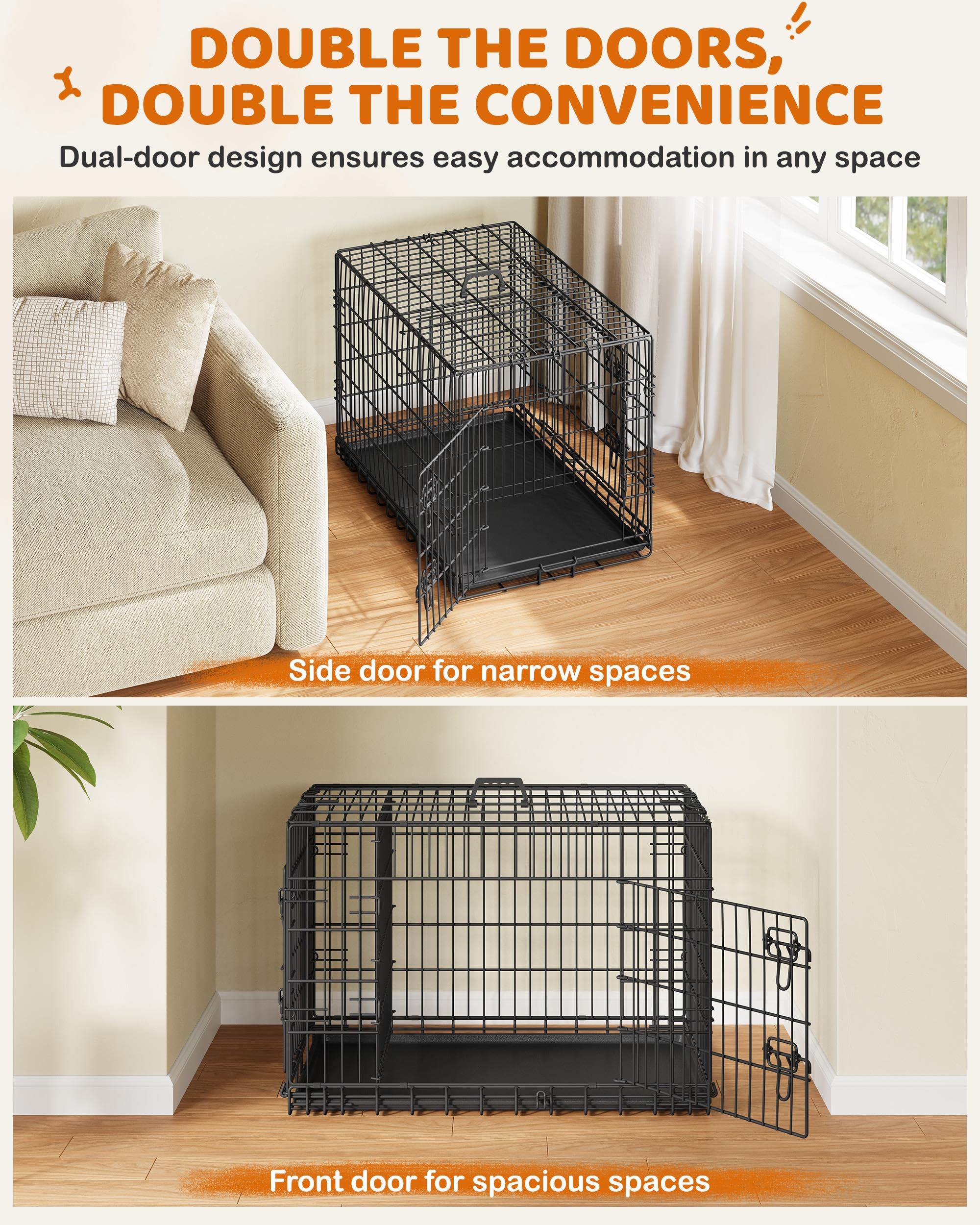 Yaheetech 36 Inch Double Door Collapsible Metal Dog Crate with Divider & Removable Tray - Portable Pet Kennel for Small to Medium Dogs - Ideal for Home, Travel & Training (Black)