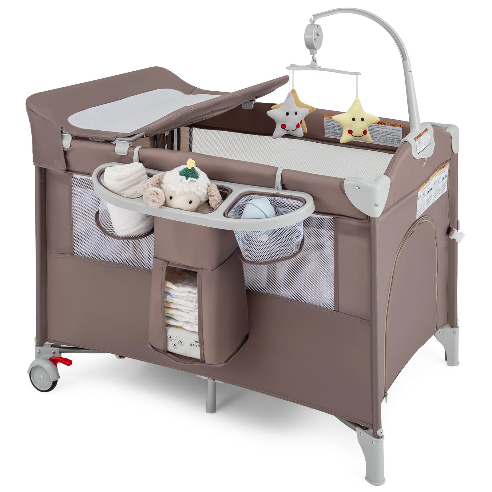 BABY JOY 5-in-1 Portable Baby Playard with Bassinet & Diaper Changer | Safe Bedside Sleeper Crib for Newborn to Toddler | U-Shaped Design with Side Zipper & Safety Strap | Coffee Color | Perfect for Nursery, Travel & Co-Sleeping