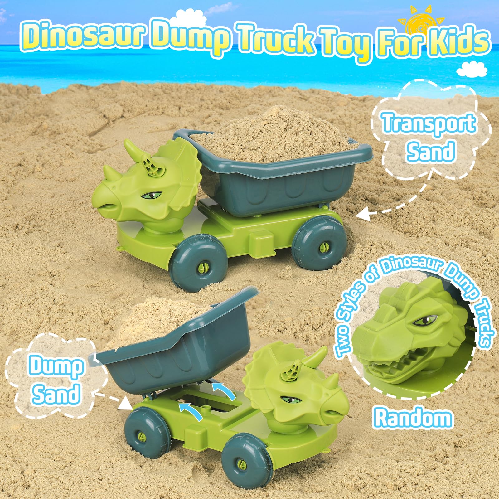 Dinosaur Beach Toys Set with Dump Truck, Collapsible Bucket, Shovel & Rake - 12-Piece Sand Play Kit with Animal Molds & Mesh Bag - Perfect for Sandcastles, Beach Fun & Toddler Sandbox Play