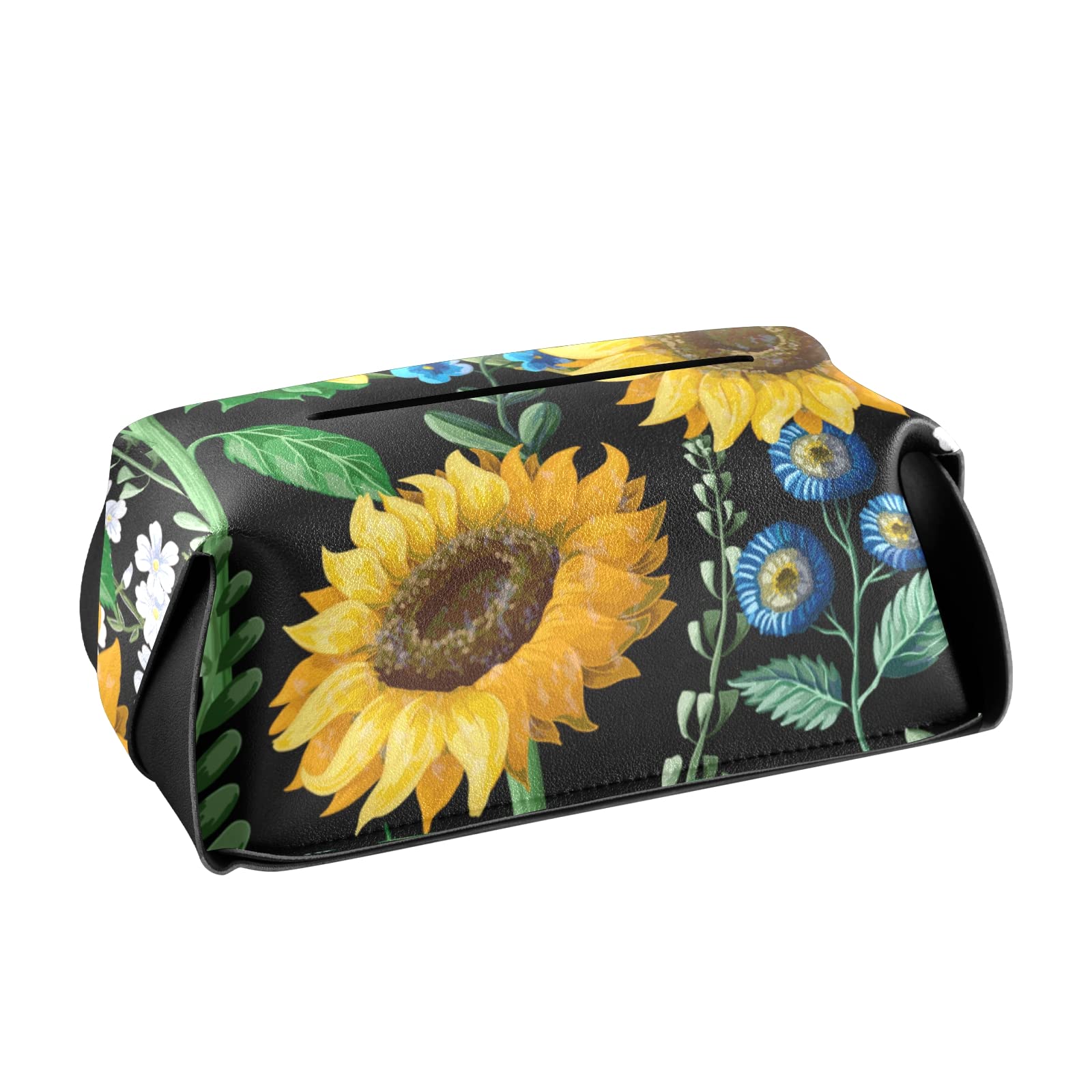 **Seamless Black Leather Tissue Box Cover with Yellow Sunflowers & Green Leaves - 5.7x5.7x5.7 in - Perfect for Bathroom, Home, Office Desk, Nightstand & Car**    *(Use Case: Stylish & functional tissue box cover for home decor, bathroom essentials, office organization, or car accessories.)*