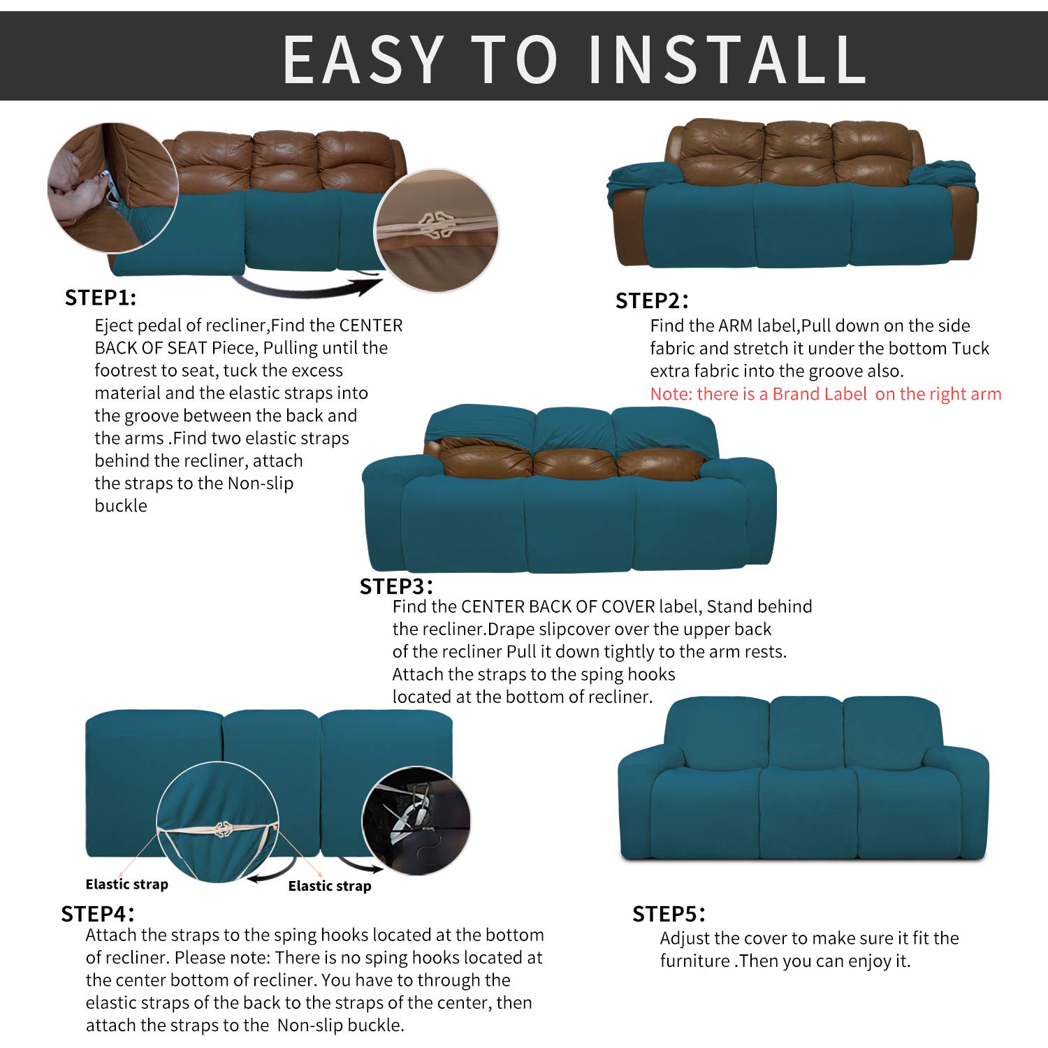 8-Piece Stretch Recliner Sofa Slipcover Set - Soft Spandex Jacquard Fabric with Elastic Bottom, Peacock Blue Checkered Design - Perfect for Living Room Furniture Protection, Pet & Kid-Friendly Couch Cover