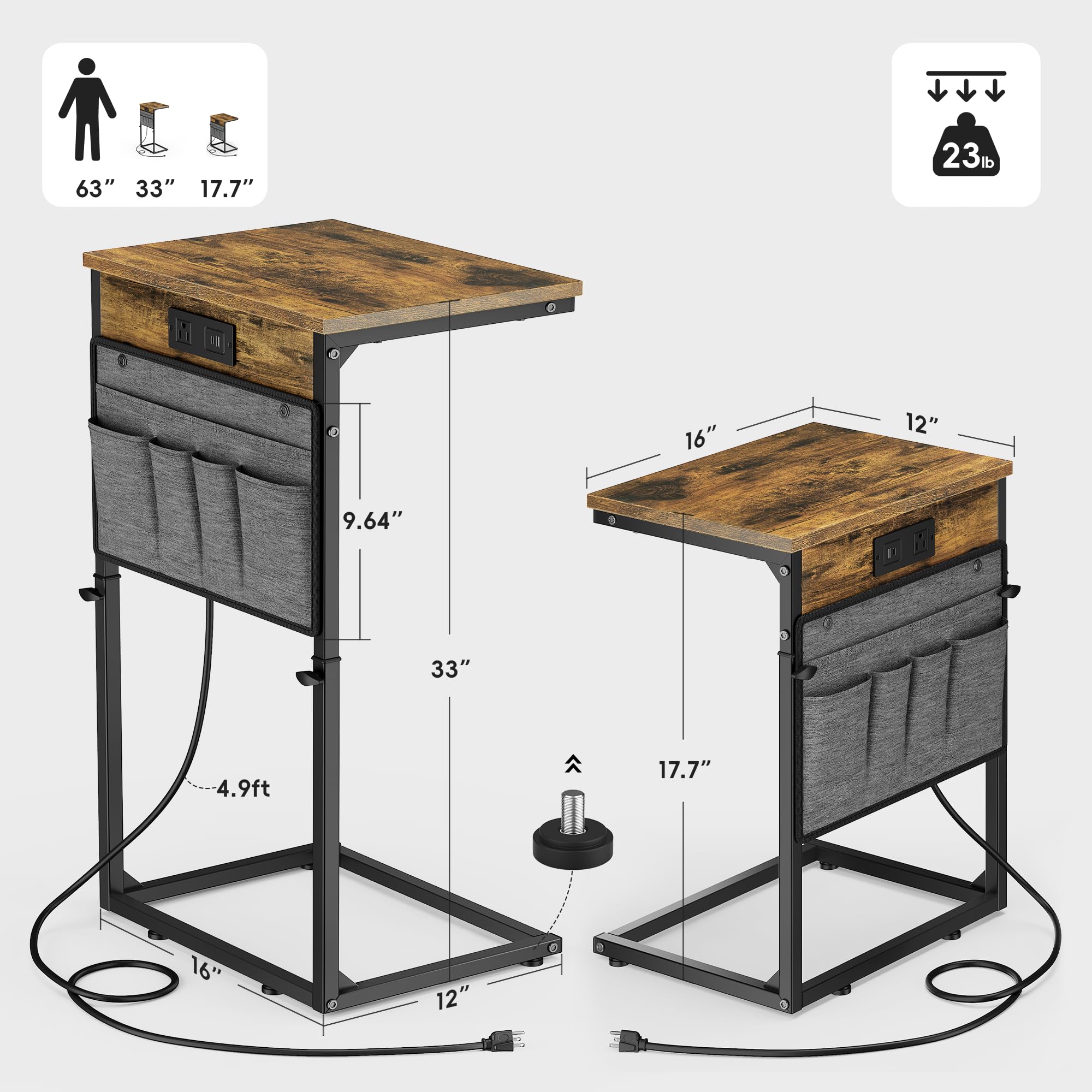 Vagusicc Adjustable Height C-Shaped End Table with USB Charging Station - 33
