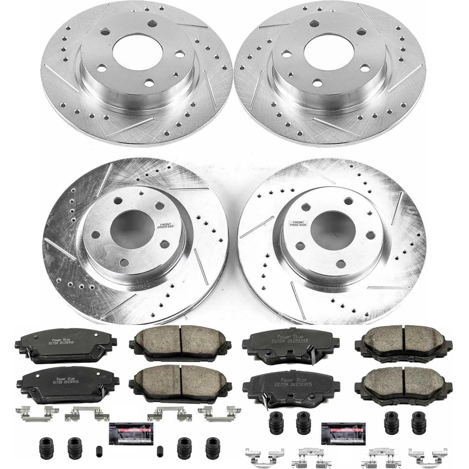 Power Stop K6970 Z23 Carbon Fiber Brake Pads & Drilled/Slotted Rotors Kit - Front & Rear for 2014-2016 Mazda 3 | High-Performance Braking for Daily Driving & Sporty Handling