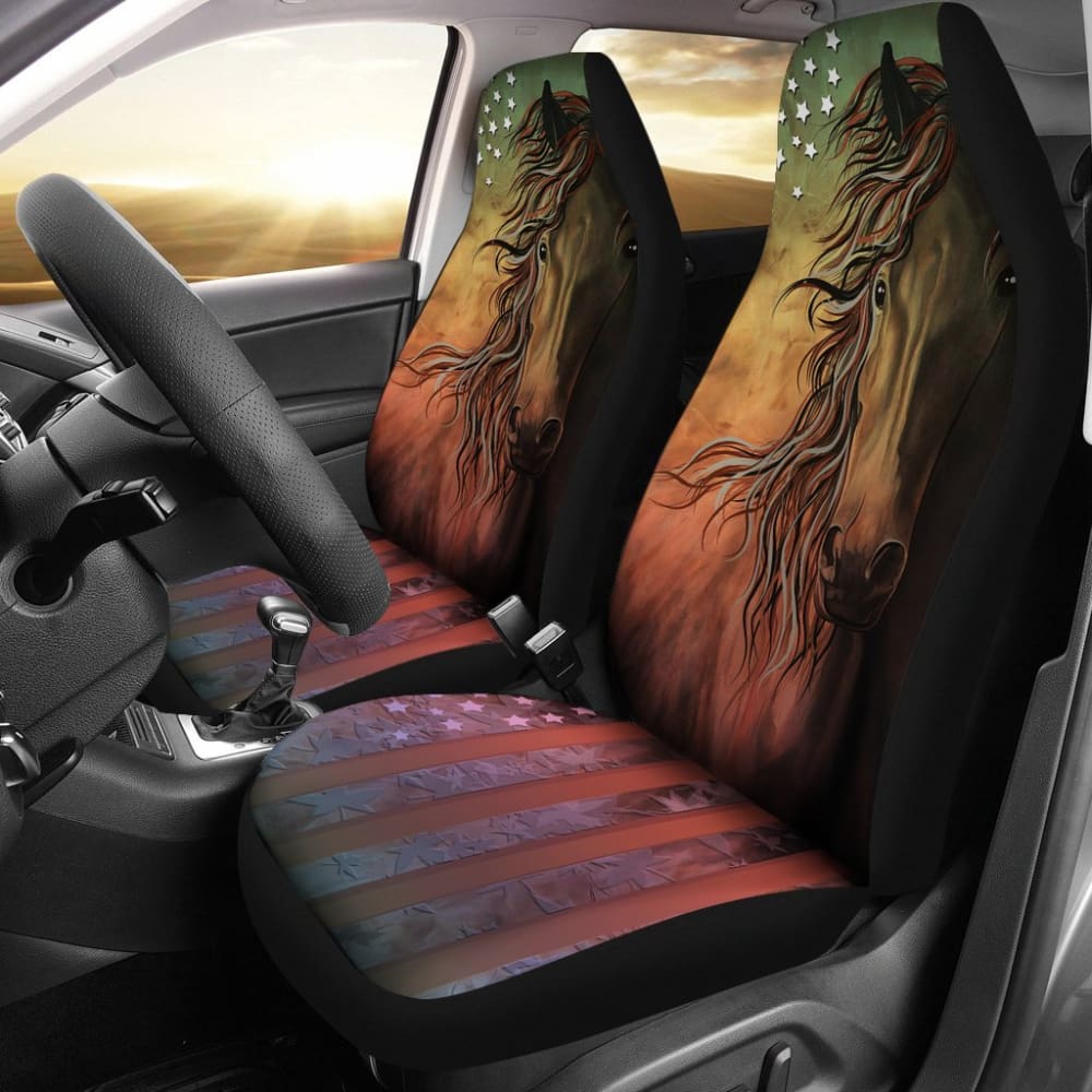 Abstract Horse USA Flag Universal Front Seat Covers - Durable Car Seat Protectors for Trucks & SUVs - Stylish Vehicle Interior Decoration for Patriotic Americans