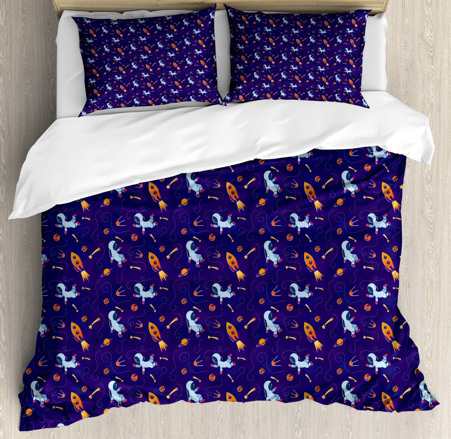 Ambesonne Galaxy Duvet Cover Set - Cartoon Astronauts, Rockets & Planets Space Theme 3-Piece Bedding Set with 2 Pillow Shams, Queen Size, Indigo Multicolor - Perfect for Kids' Rooms, Space-Themed Bedrooms & Sci-Fi Decor