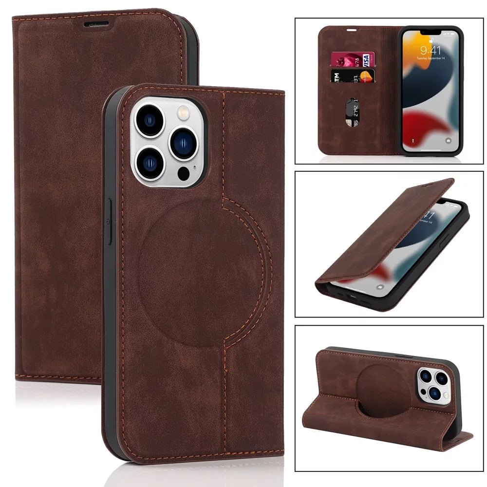 Premium Genuine Leather Wallet Case with MagSafe for iPhone 13/14/15 Pro Max - Slim RFID Blocking Card Holder for Daily Use & Travel
