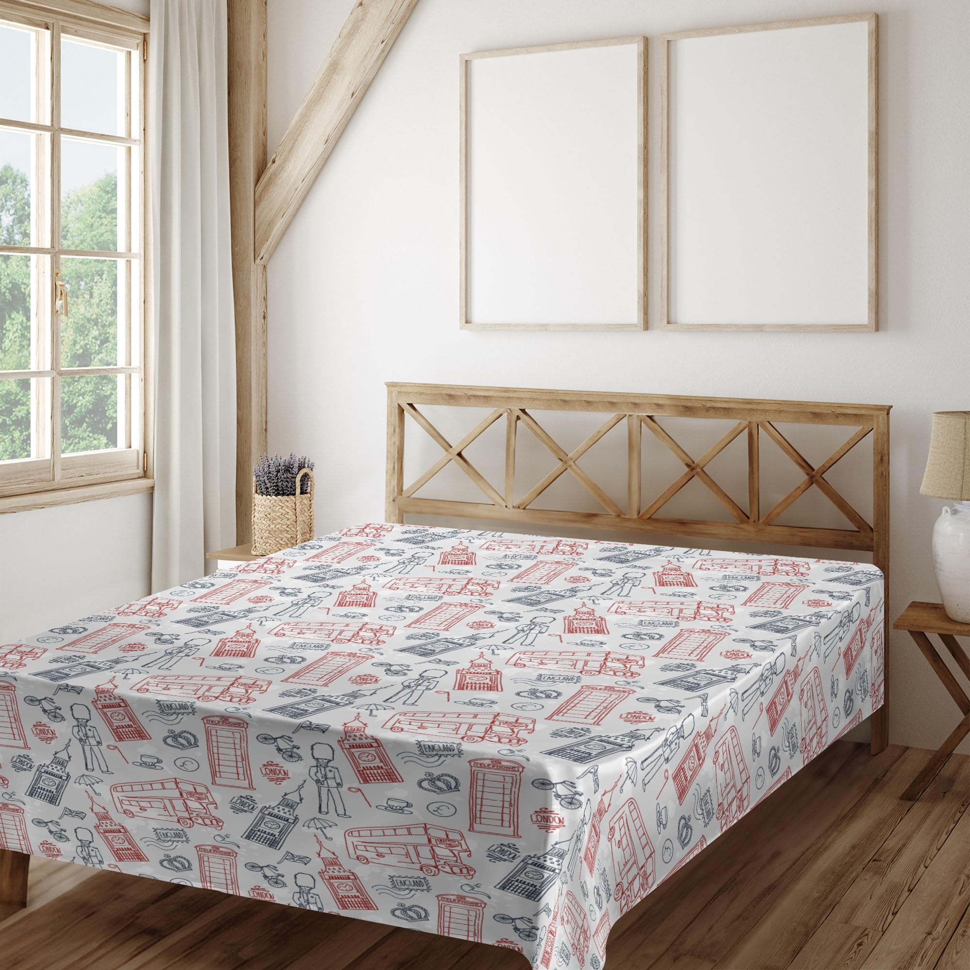 Ambesonne London Flat Sheet - English Country Culture Travel Theme Soft Comfortable King Size Top Sheet, Vermilion Dark Blue - Perfect for Home Decor, Guest Rooms & Themed Bedrooms