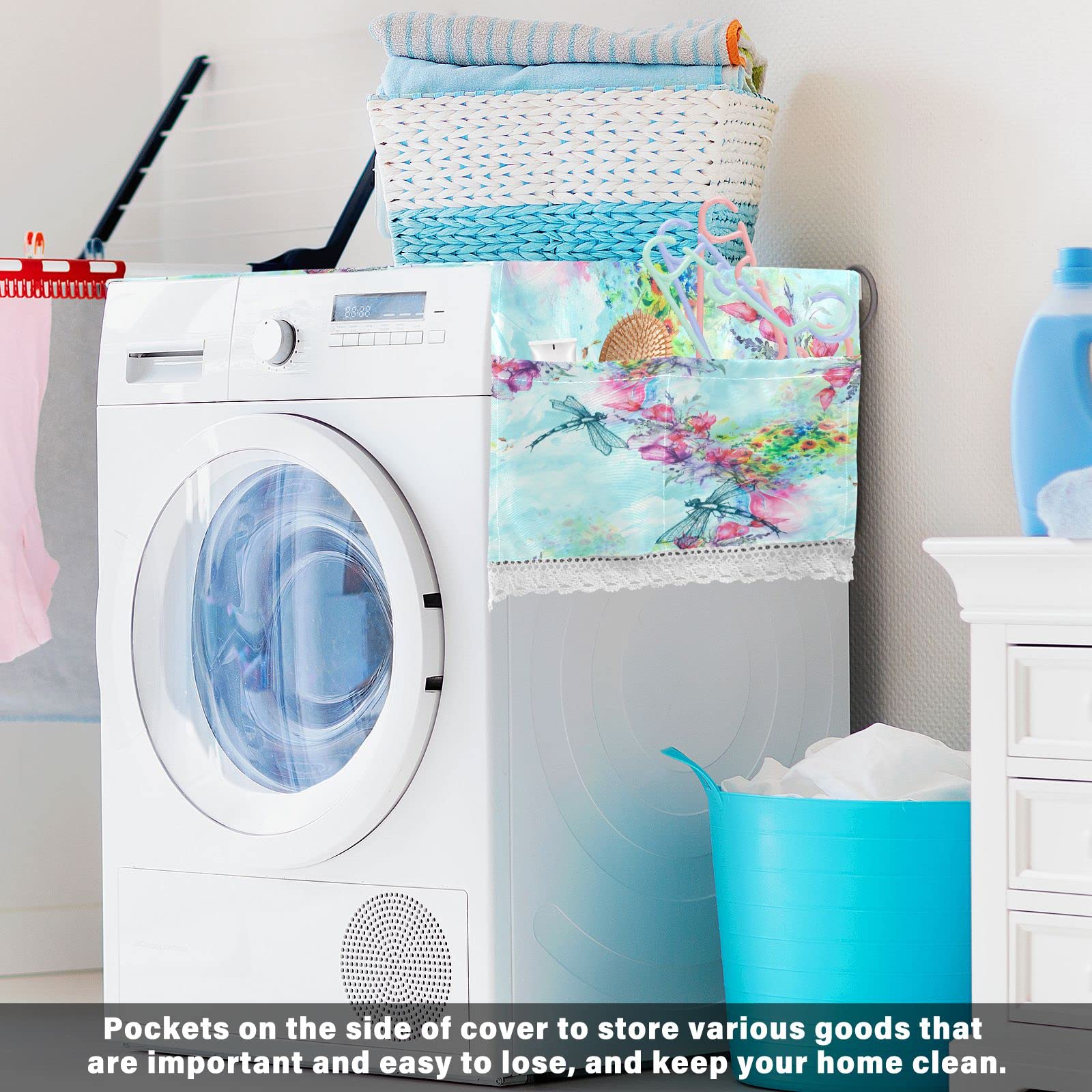 Waterproof Non-Slip Washing Machine Cover for Front Load Washer & Dryer - 51''x22'' Floral Dragonfly Design Dust Proof Top Mat with 4 Storage Bags | Perfect for Laundry Room, Basement & Home Decor