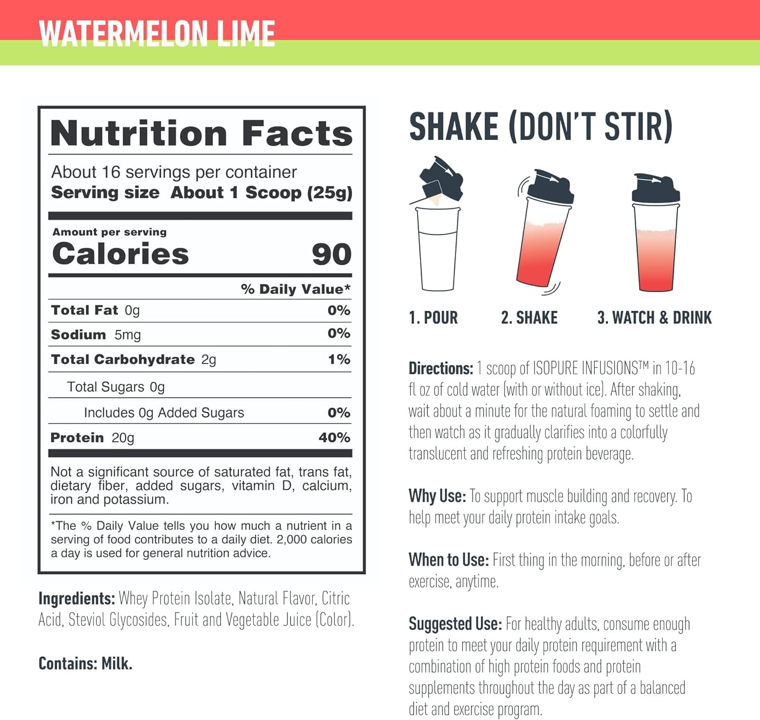 Isopure Clear Whey Isolate Protein Powder - Lactose Free, Gluten Free, Naturally Flavored Watermelon Lime - 20g Protein Per Serving (14.1 Oz, 16 Servings) | Post-Workout Recovery & Healthy Hydration for Athletes