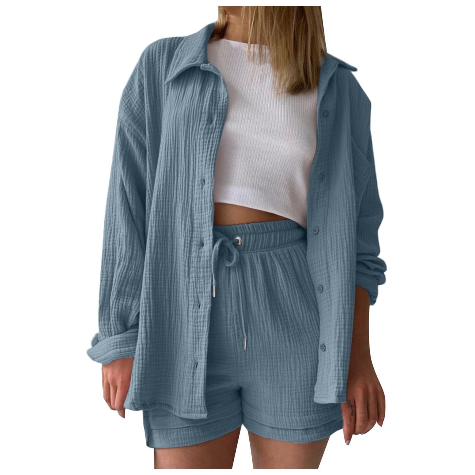 Women's 2-Piece Lounge Set - Soft Cotton Linen Long Sleeve Button Down Blouse & Comfortable Shorts Sweatsuit Outfit | Perfect for Vacation, Yoga, and Relaxing at Home