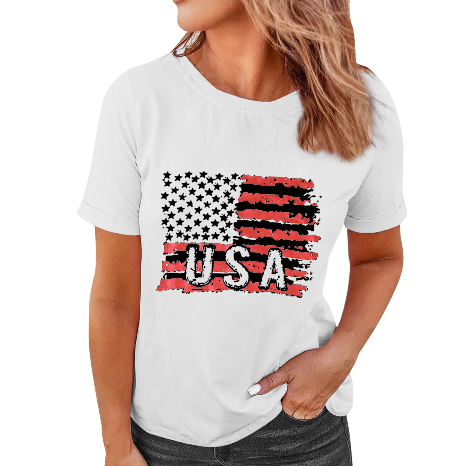 Women's Casual Summer Short Sleeve Printed T-Shirt - 4th of July Independence Day Fashion Top (White, L) | Perfect for Beach Outings, BBQ Parties & Casual Wear