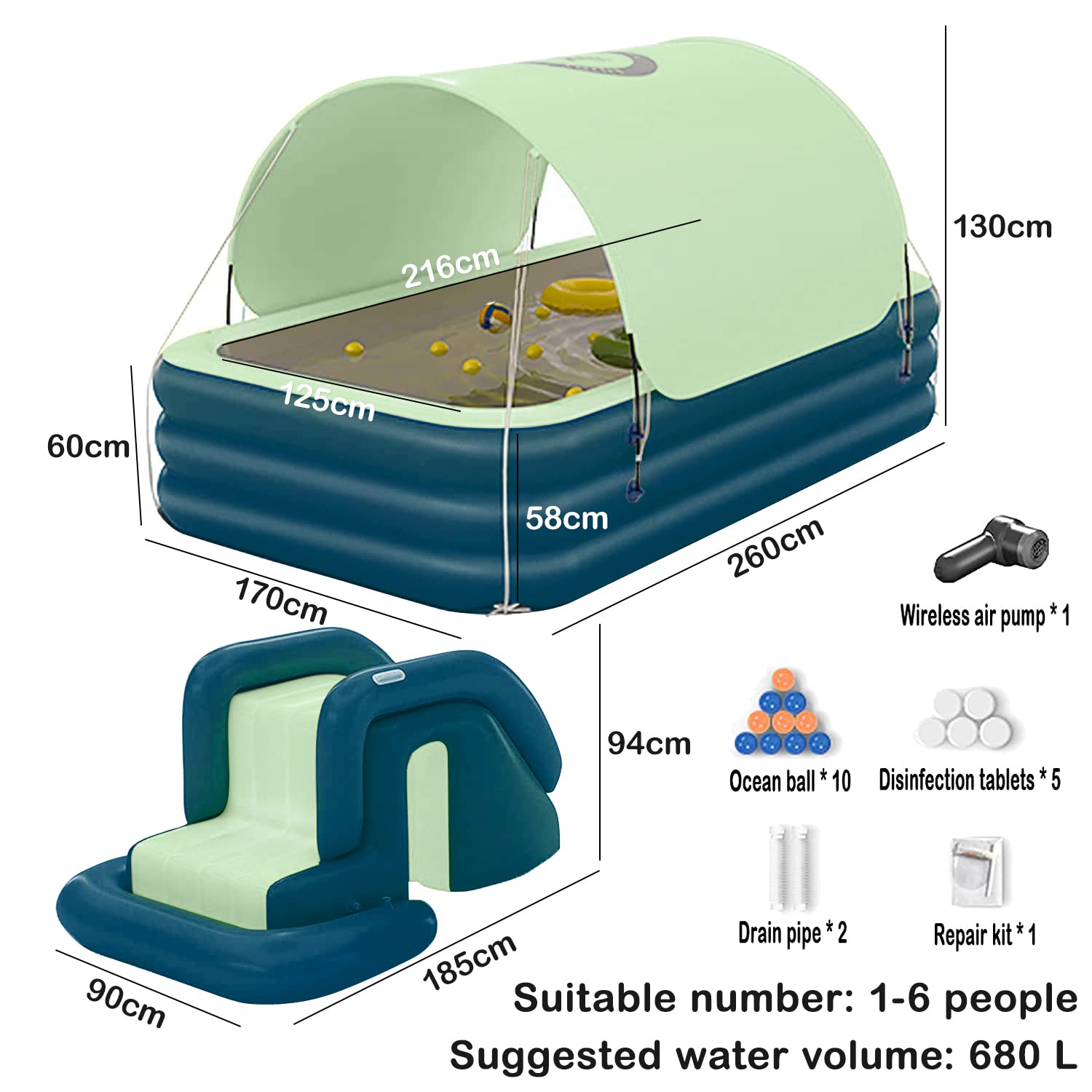 YUEWO Inflatable Swimming Pool with Canopy - 2.6m/8.5ft Large Above Ground Portable Blow Up Pool for Adults & Family - 3-Layer Durable Design for Garden, Backyard, Outdoor Relaxation & Summer Fun (Green)