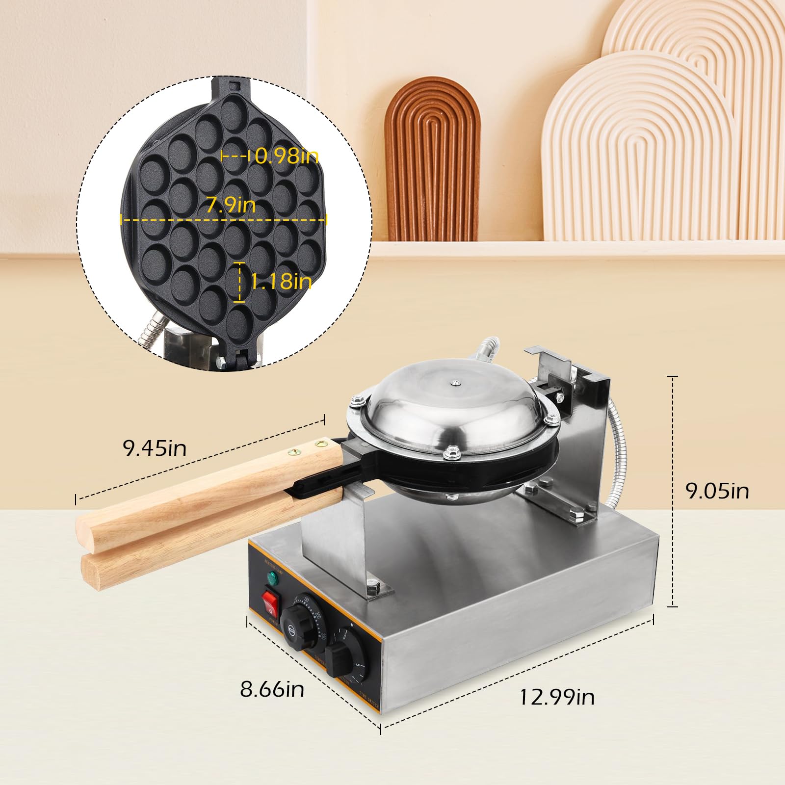 Dyna-Living 1400W Commercial Bubble Waffle Maker - Stainless Steel Electric Egg Puff Waffle Iron Machine with 180° Rotation & Non-Stick Coating - Perfect for Home, Cafes, and Street Food Businesses - Make Authentic Hong Kong Style Egg Waffles (Gai Daan Jai) for Breakfast, Desserts, or Snacks