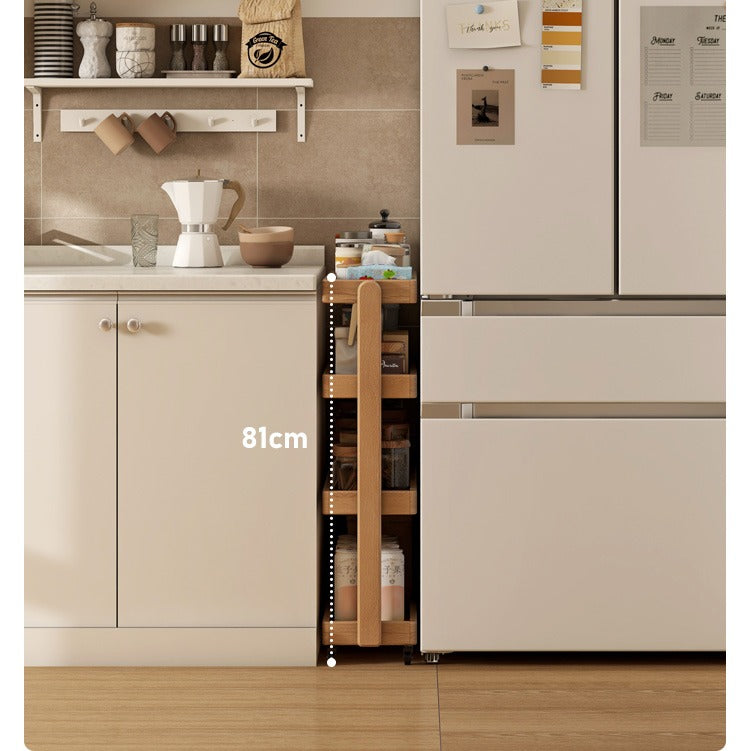 Oak Solid Wood Mobile Storage Rack Cart - Ultra Narrow Space-Saving Organizer for Kitchen, Bathroom, or Office Use