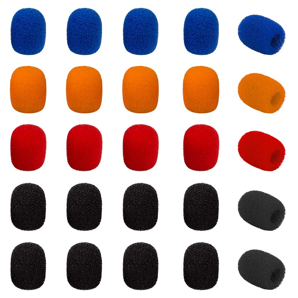 SourceTon 25-Pack Mini Lavalier Microphone Windscreens - Assorted Colors (10 Black, 5 Orange, 5 Blue, 5 Red) for Lapel & Headset Mics - Perfect for Podcasting, Interviews, YouTube Videos & Live Streaming