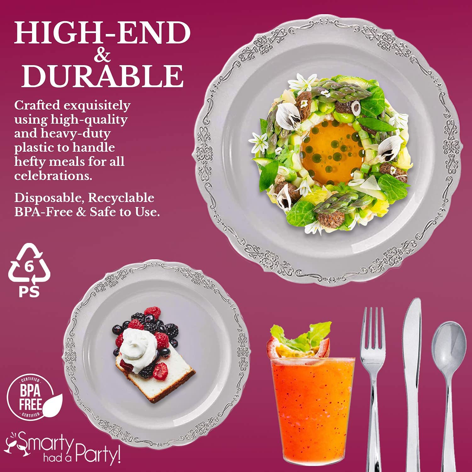 Elegant Disposable Plastic Plates for Party - 60-Piece Clear with Silver Wedding Dinnerware Set | Perfect for Weddings, Birthdays, Catering & Outdoor Events