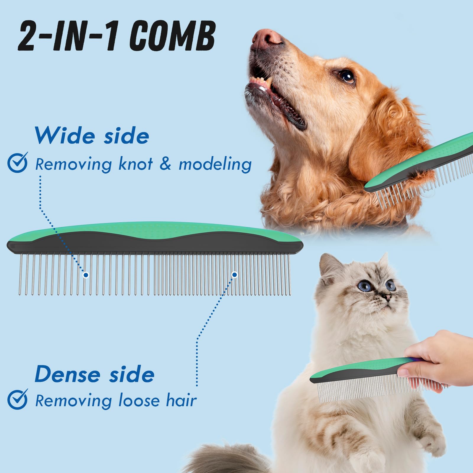 Premium Pet Grooming Brush & Metal Comb Set - Deshedding Brush for Dogs & Cats, Undercoat Rake & Dematting Tool for Long-Haired Pets - Green (Perfect for Home Grooming & Shedding Control)