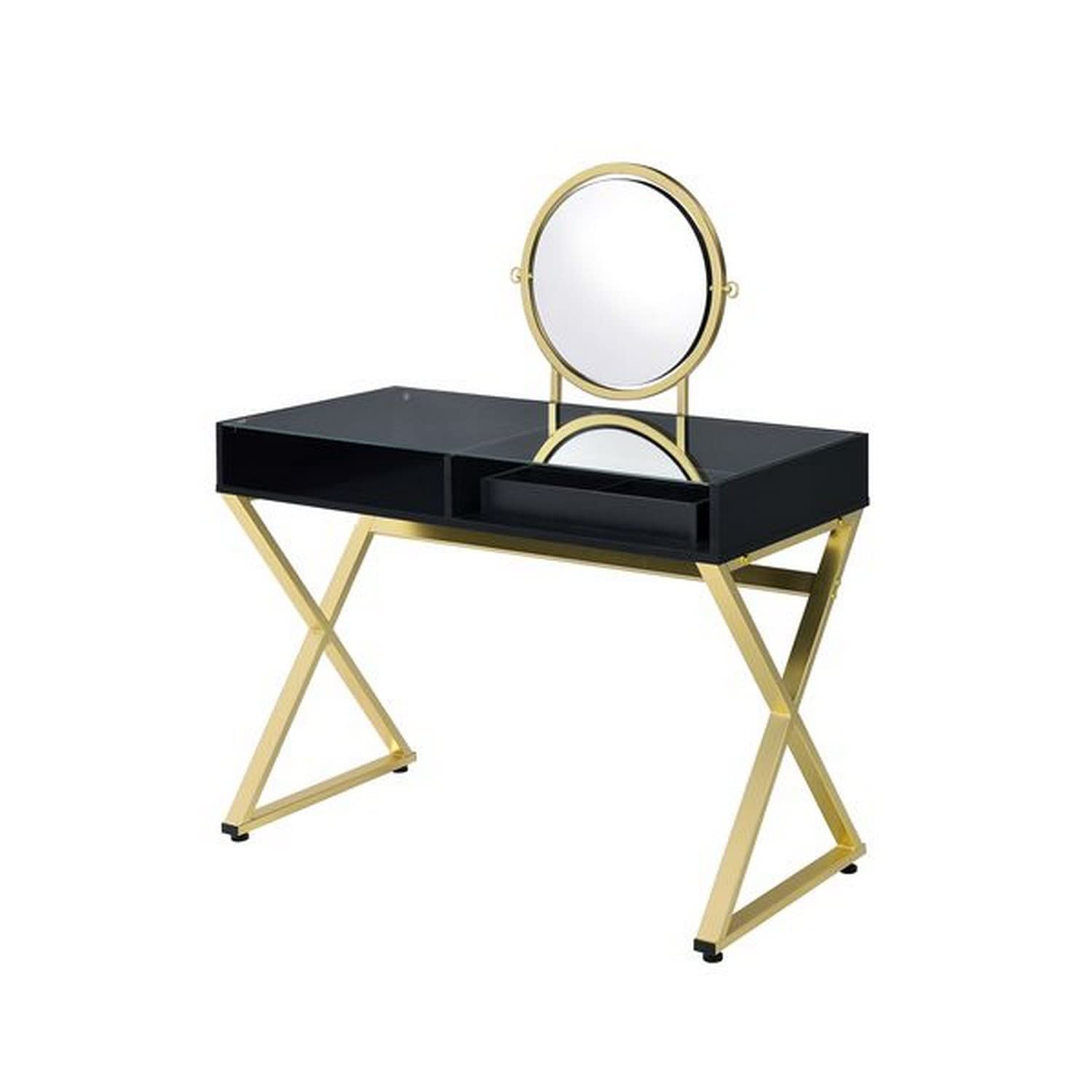 Elegant Black and Gold Benjara Vanity Desk with Round Mirror & Cross Metal Legs - Perfect for Bedroom Makeup Dressing Table & Modern Home Decor